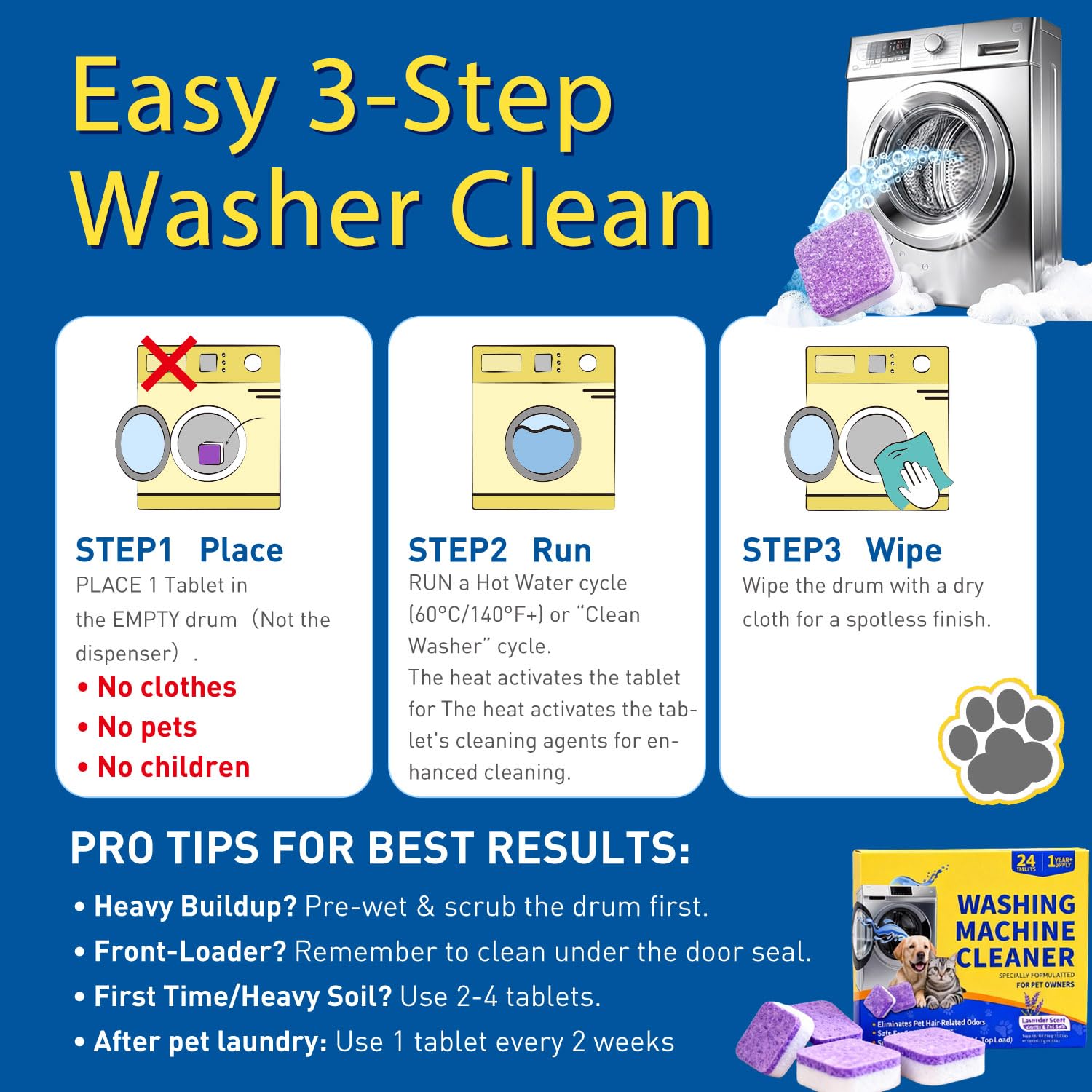 TXYXT 24 Count Washing Machine Cleaner for Pet Hair Relief Tablets - HE-Safe, Septic-Safe, Lavender Scent, 1-Year+ Supply, Pet-Friendly Washer Cleaner