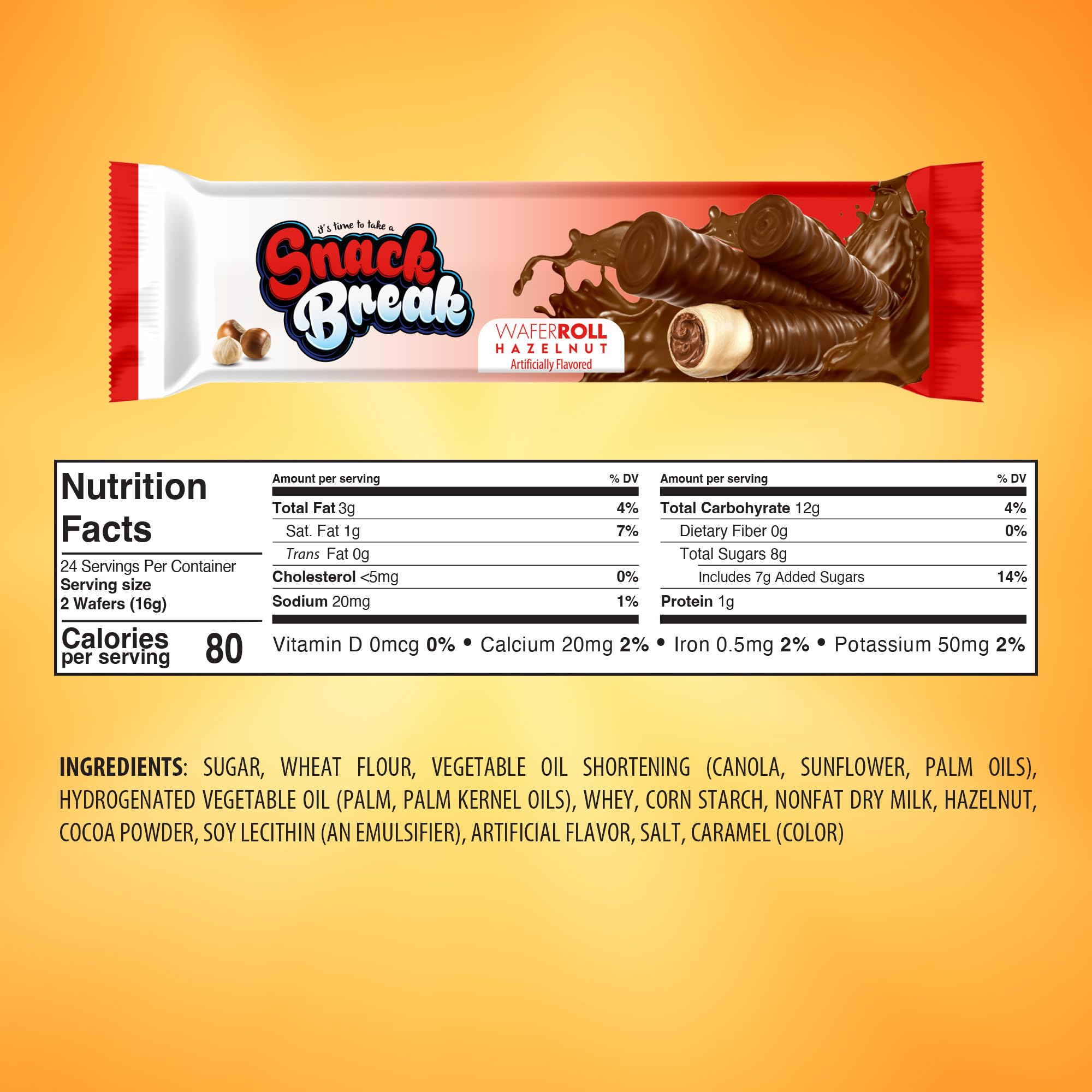 Snack Break Hazelnut Wafer Rolls, Cocoa Coated Crispy Rolled Wafer Cookies with Hazelnut Cream Filling, Individually Wrapped On-the-Go Snack, 24 Count