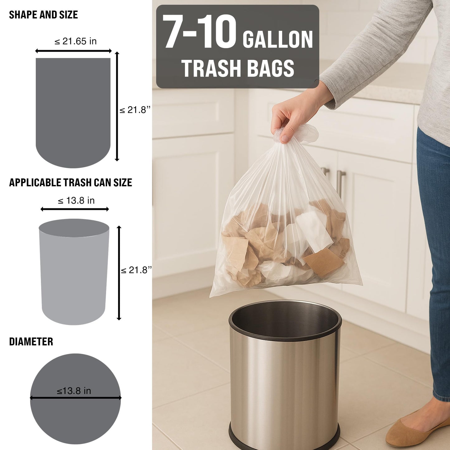 7-10 Gallon Clear Trash Bags (200 Count) - Small Kitchens, Bathrooms, Offices and Breakrooms 6-micron disposable liners; Leak-Resistant Wastebasket