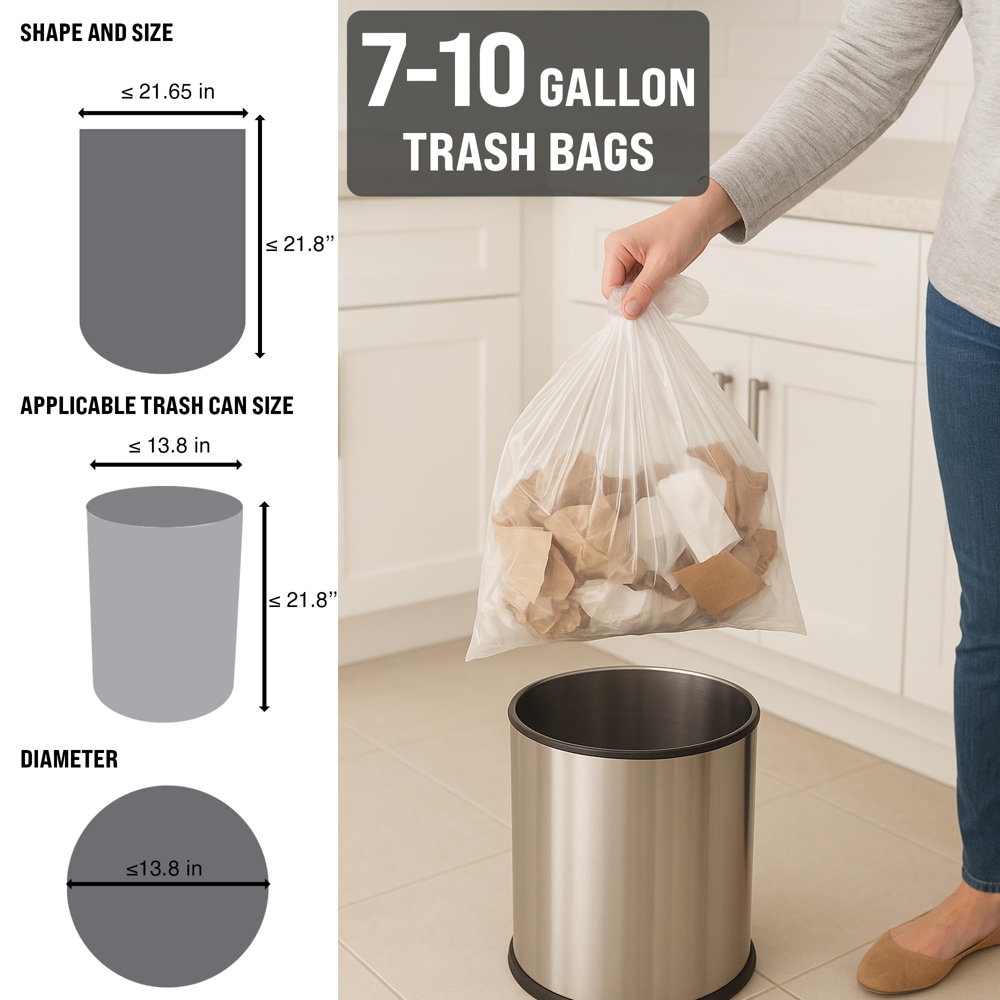 7-10 Gallon Clear Trash Bags (200 Count) - Small Kitchens, Bathrooms, Offices and Breakrooms 6-micron disposable liners; Leak-Resistant Wastebasket