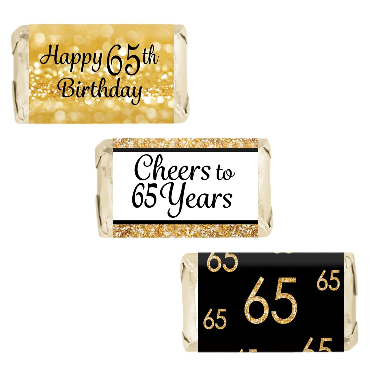 Black and Gold 65th Birthday Party Mini Candy Bar Wrappers - 42 Stickers