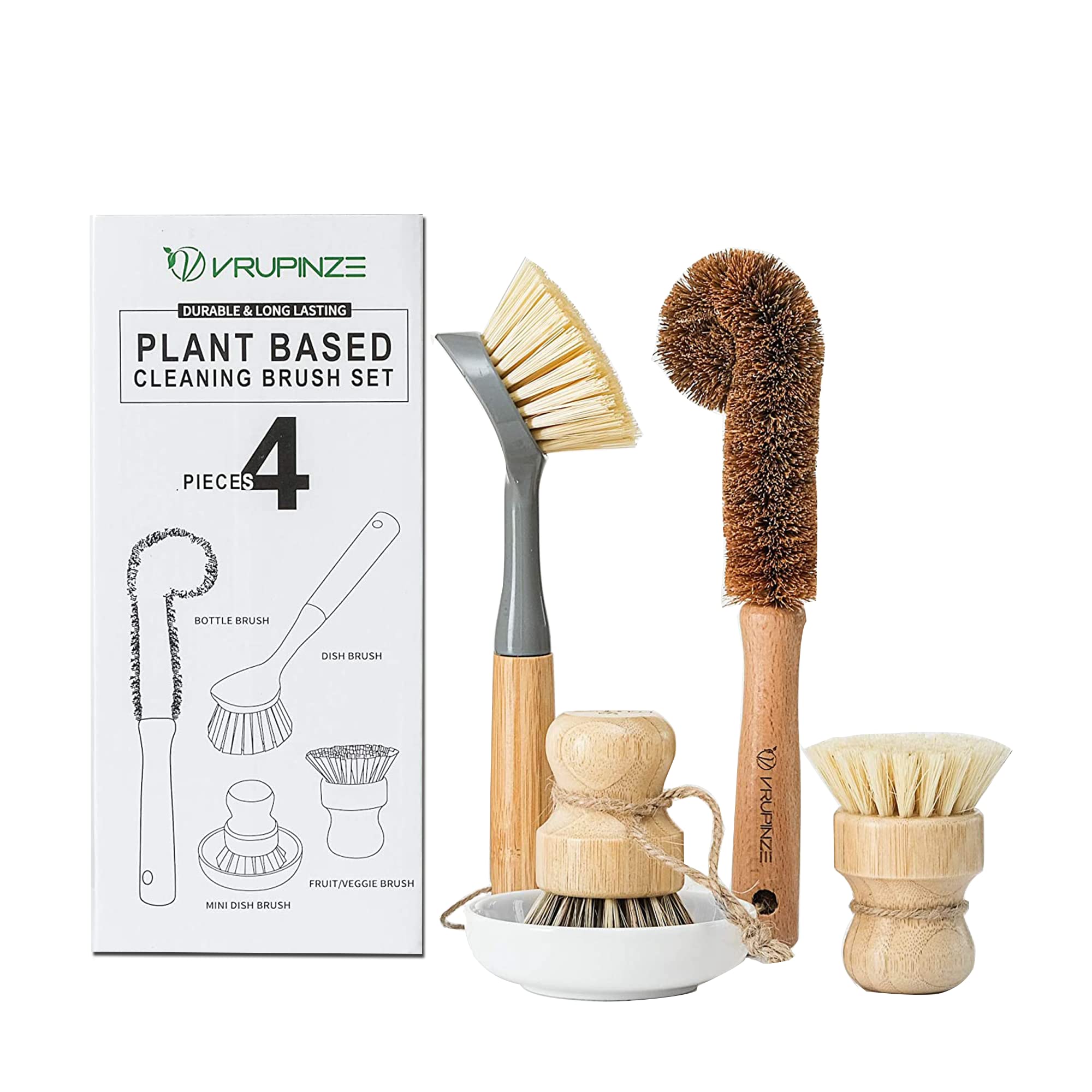 VRUPINZE Natural Bamboo Dish Brush Bottle Scrub Brush 4-Piece Set, with Ceramic Soap Dispenser - Wooden Washing Up Brushes with Sturdy Handles