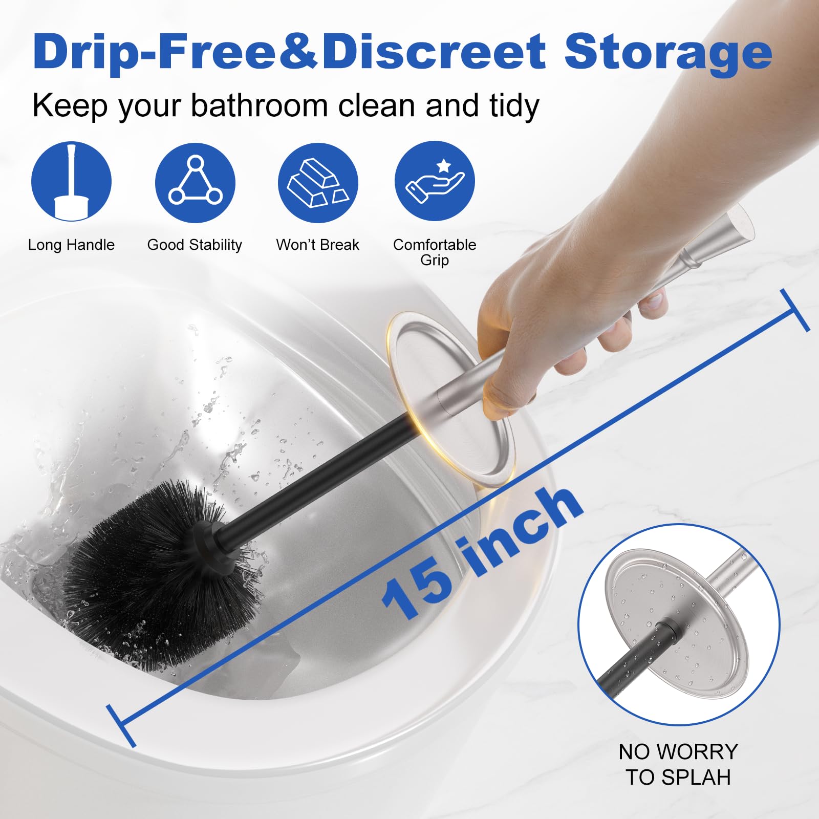 Nickel Brush and Holder?Extra Long Handled Nickel Brush for Bathroom?Stainless Steel Heavy Duty Toilet Bowl Brush,Deep Cleaning Modern Toilet Cleaner