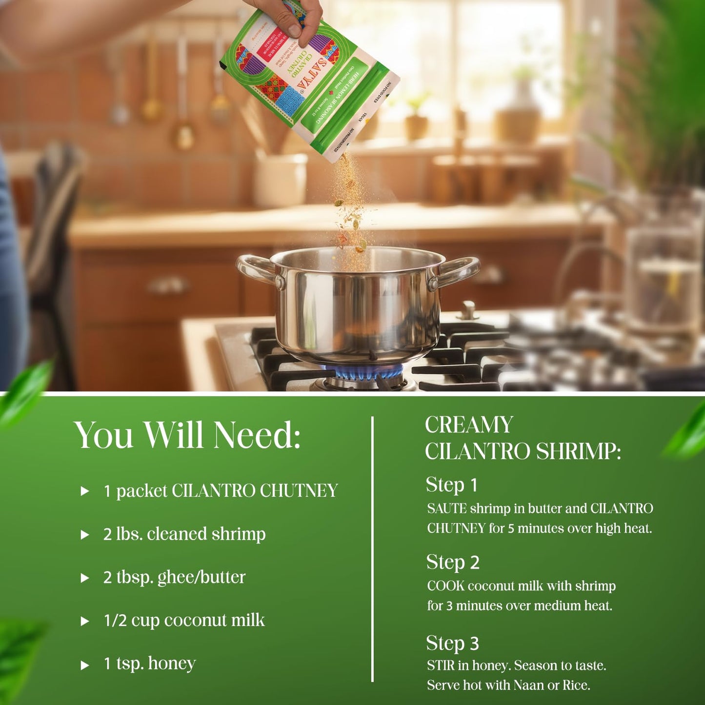 Satya Cilantro Chutney Powder Herb & Lemon Indian Seasoning Mix 5 Fresh Sachets x 17g Zesty Dry Chutney Powder for Vegetables, Seafood & Snacks Vegan