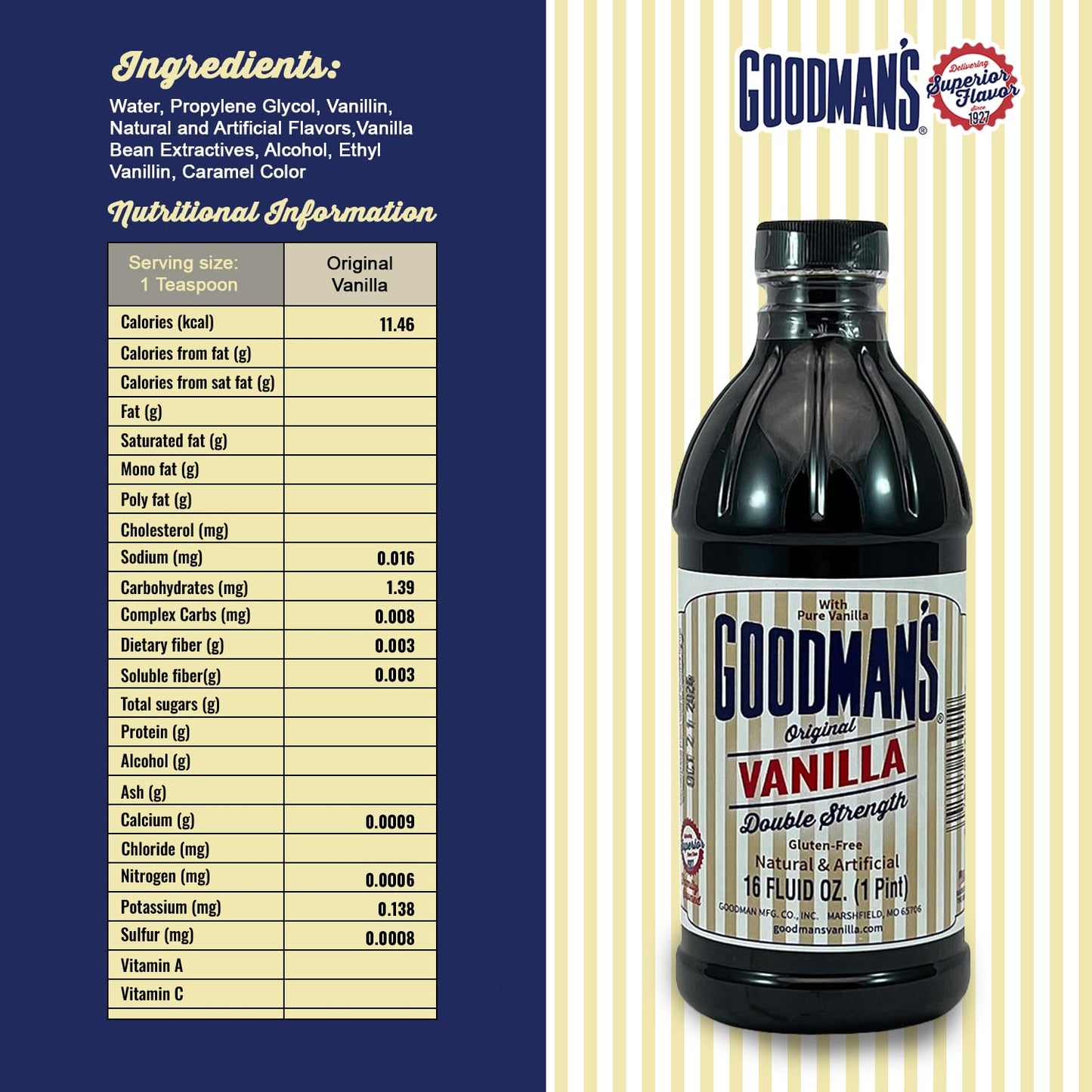 Goodman's Original Vanilla Double Strength - Gluten-Free, Non-GMO, Kosher, Low Carb & Low Calorie, a Blend of Artificial flavors with Pure Vanilla
