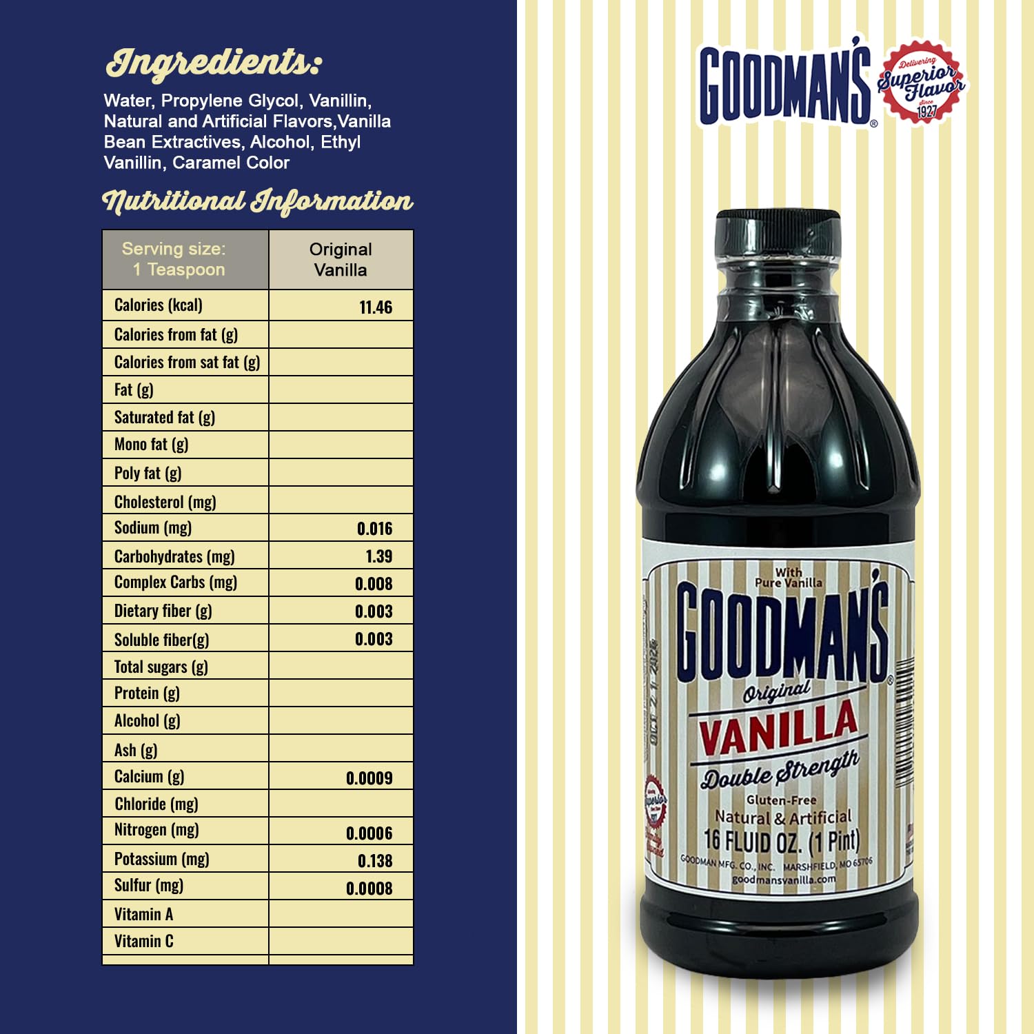 Goodman's Original Vanilla Double Strength - Gluten-Free, Non-GMO, Kosher, Low Carb & Low Calorie, a Blend of Artificial flavors with Pure Vanilla