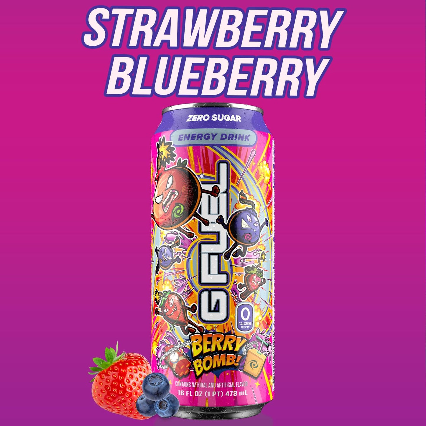 G Fuel Energy Drink, Berry Bomb, Sugar Free Carbonated Beverage with 300mg Caffeine, Daily Energy Boost with Focus Amino, Vitamin + Antioxidants, 16