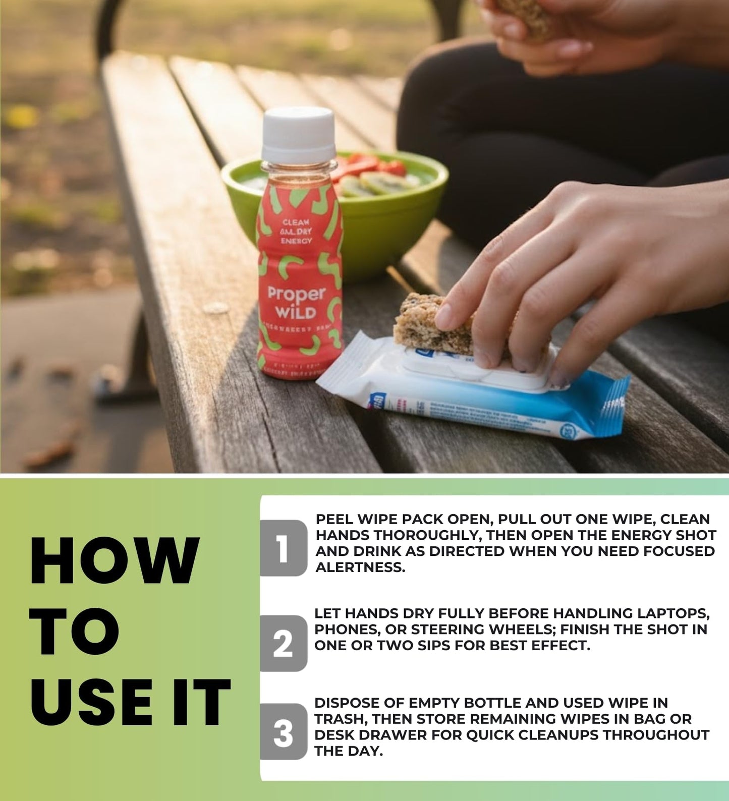 3x Proper Wild Shot Energy Strawberry Kiwi 2.5 FO Bundle with Hand Sanitizing Wipes - Clean Energy Shots with GreenTea Caffeine & L-Theanine for Focus