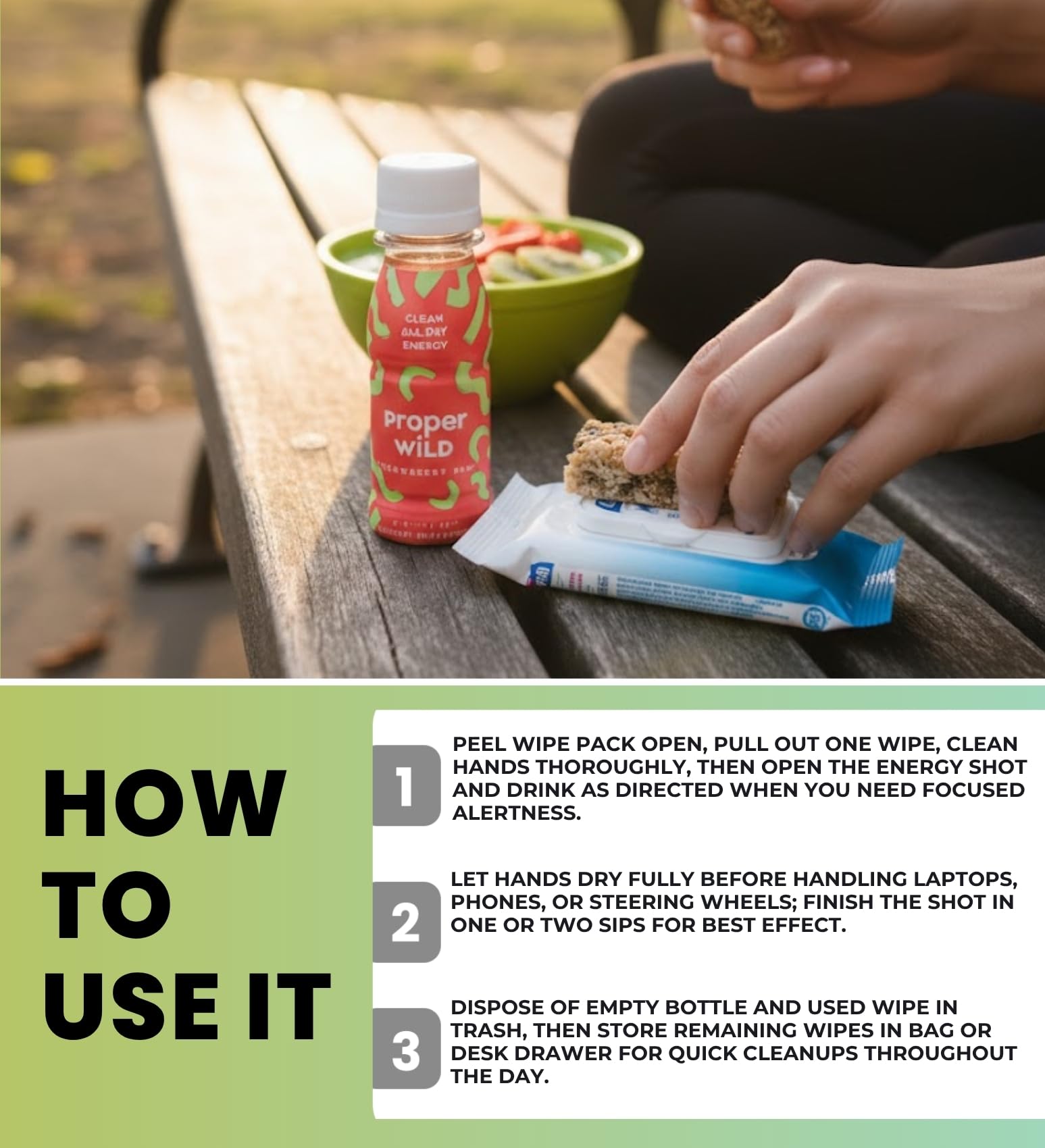 3x Proper Wild Shot Energy Strawberry Kiwi 2.5 FO Bundle with Hand Sanitizing Wipes - Clean Energy Shots with GreenTea Caffeine & L-Theanine for Focus