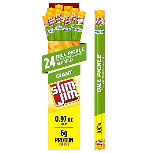 Slim Jim Giant Smoked Meat Sticks, Vlasic Dill Pickle Flavor, 6g Protein Per Stick, 0.97 oz. (24 Count)