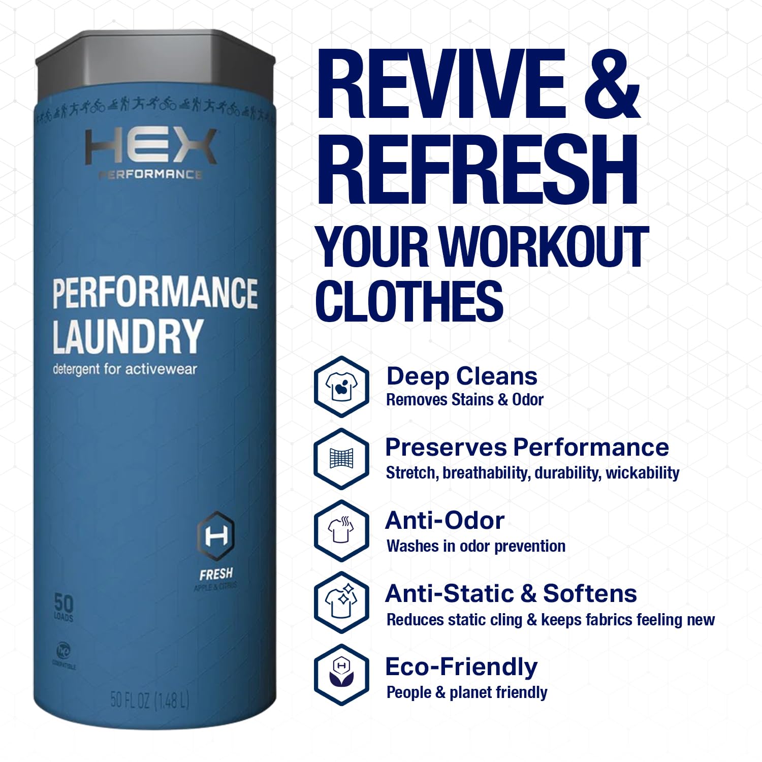 HEX Performance Laundry Detergent, Fresh Scent, 100 Loads (50ld Pack of 2) - Concentrated Activewear Detergent for Odor Removal, Sweat & Residue