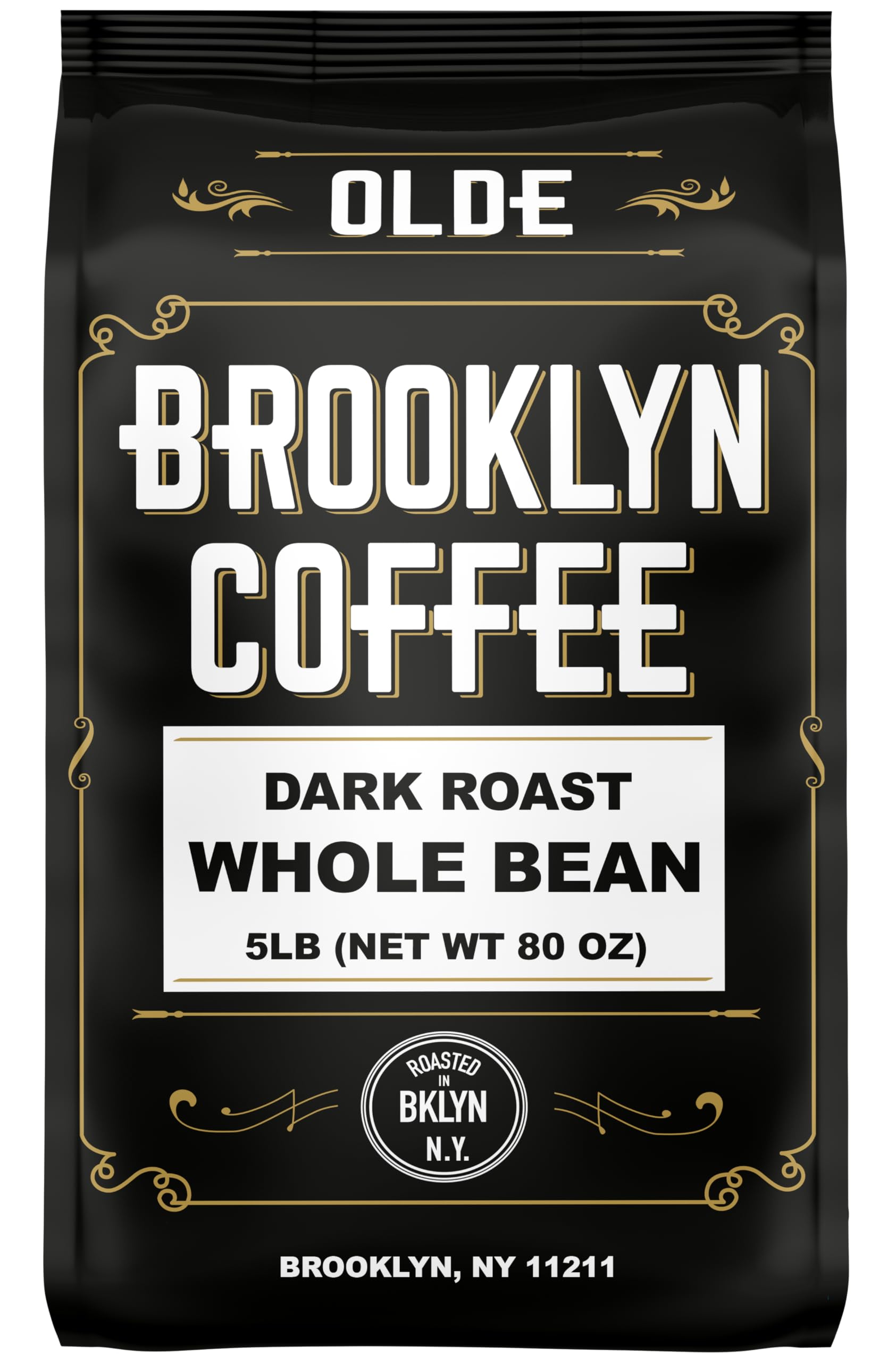 BROOKLYN COFFEE Whole Bean, Classic Dark Roast (5lb) Bold, Smooth Taste, Intense Aroma - Fresh Bulk Coffee Beans Roasted Weekly in NYC