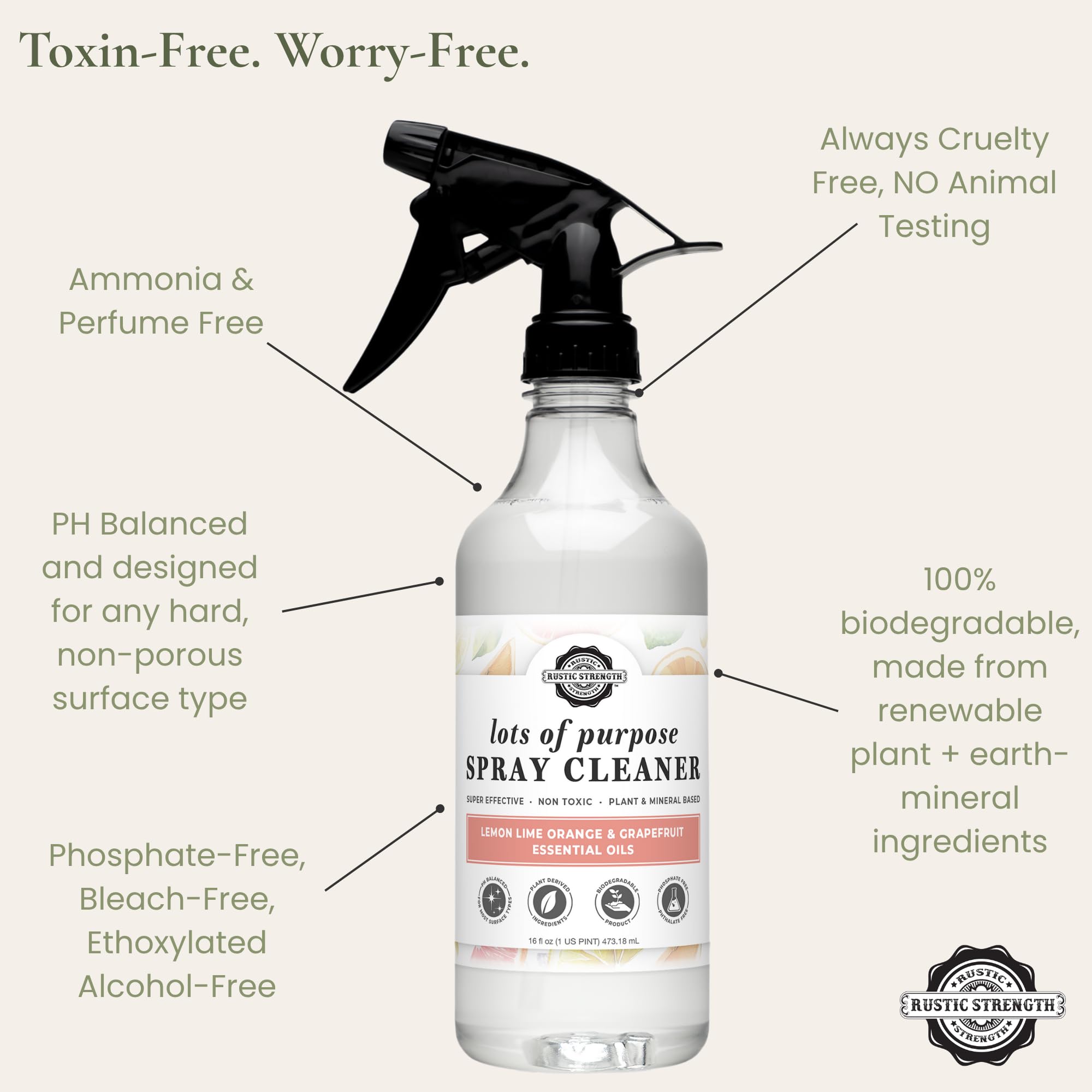 Rustic Strength Lots of Purpose Spray Cleaner, Sunburst Citrus Scent, Multi-Surface, pH Balanced, Non-Toxic, Biodegradable, 16 oz