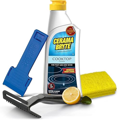 Cerama Bryte Glass Cooktop and Stove Top Cleaner Combo Kit - Includes Cleaning Tool, Razor, Scraper and 3 Pads to Remove Tough Stains - Use on Gas