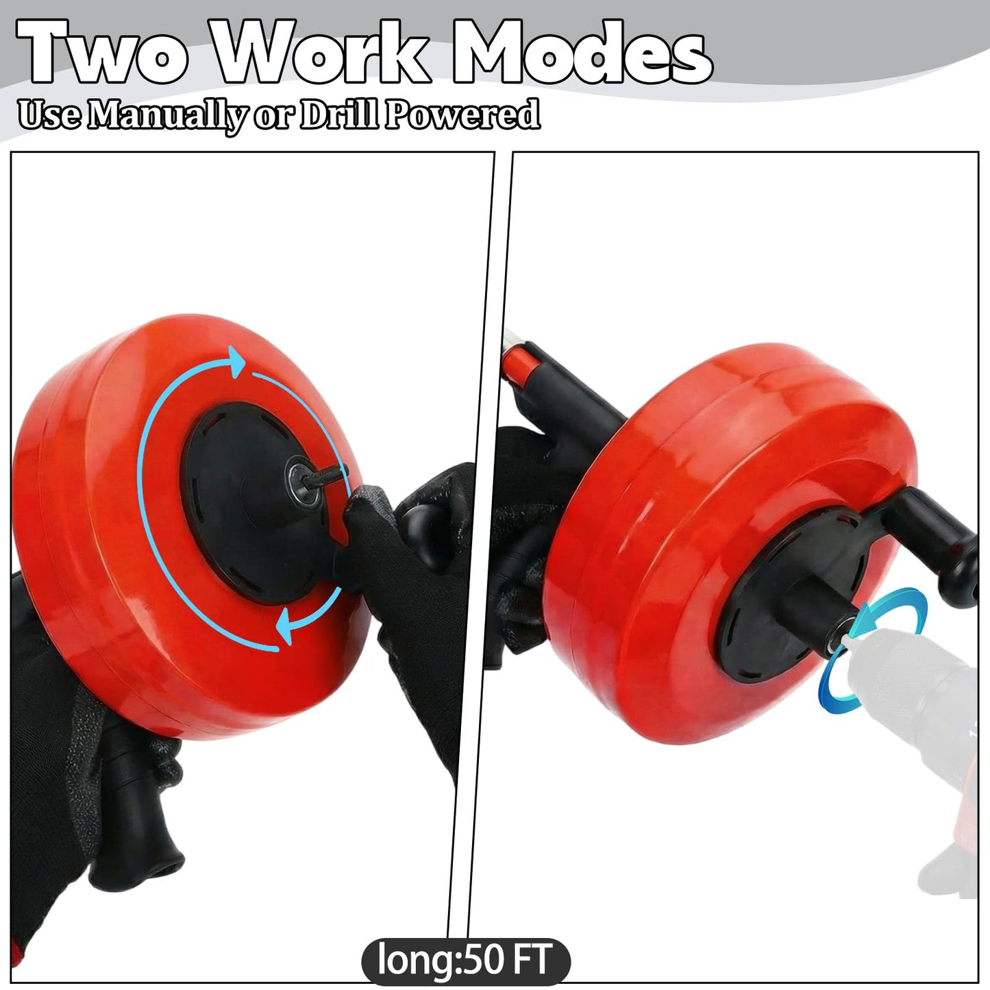 50 Ft Drain Auger,Use Manually or Drill Powered 50 Feet Drain Snake,Heavy Duty Flexible Plumbing Snake,With Gloves and Storage Bag for Kitchen Sink