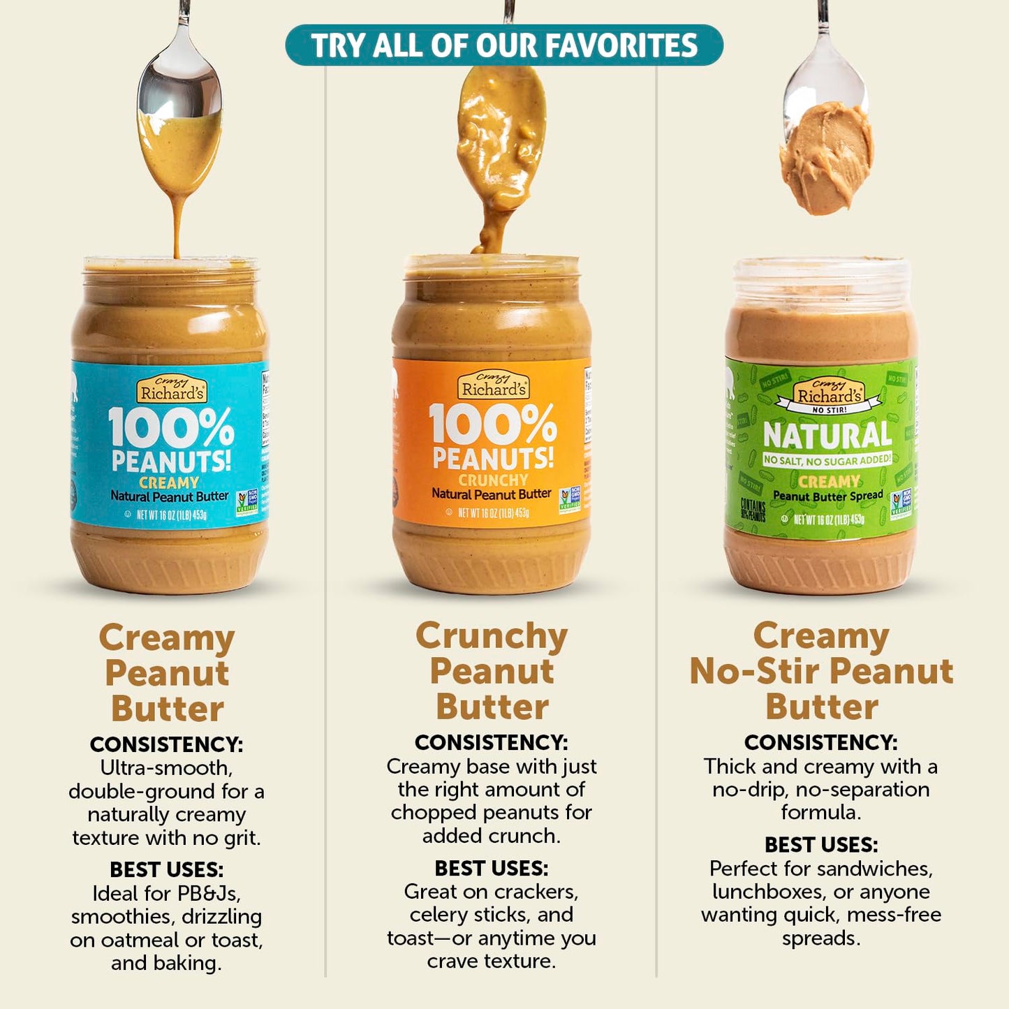 Crazy Richard's 100% All-Natural Vegan Creamy & Crunchy Peanuty Butter with No Added Sugar and Non-GMO Variety Pack (16 Ounce, Pack of 4)