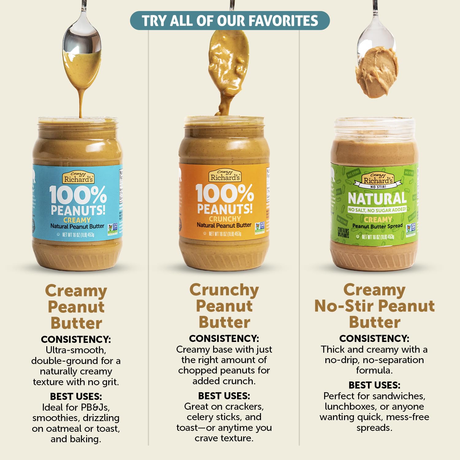 Crazy Richard's 100% All-Natural Vegan Creamy & Crunchy Peanuty Butter with No Added Sugar and Non-GMO Variety Pack (16 Ounce, Pack of 4)