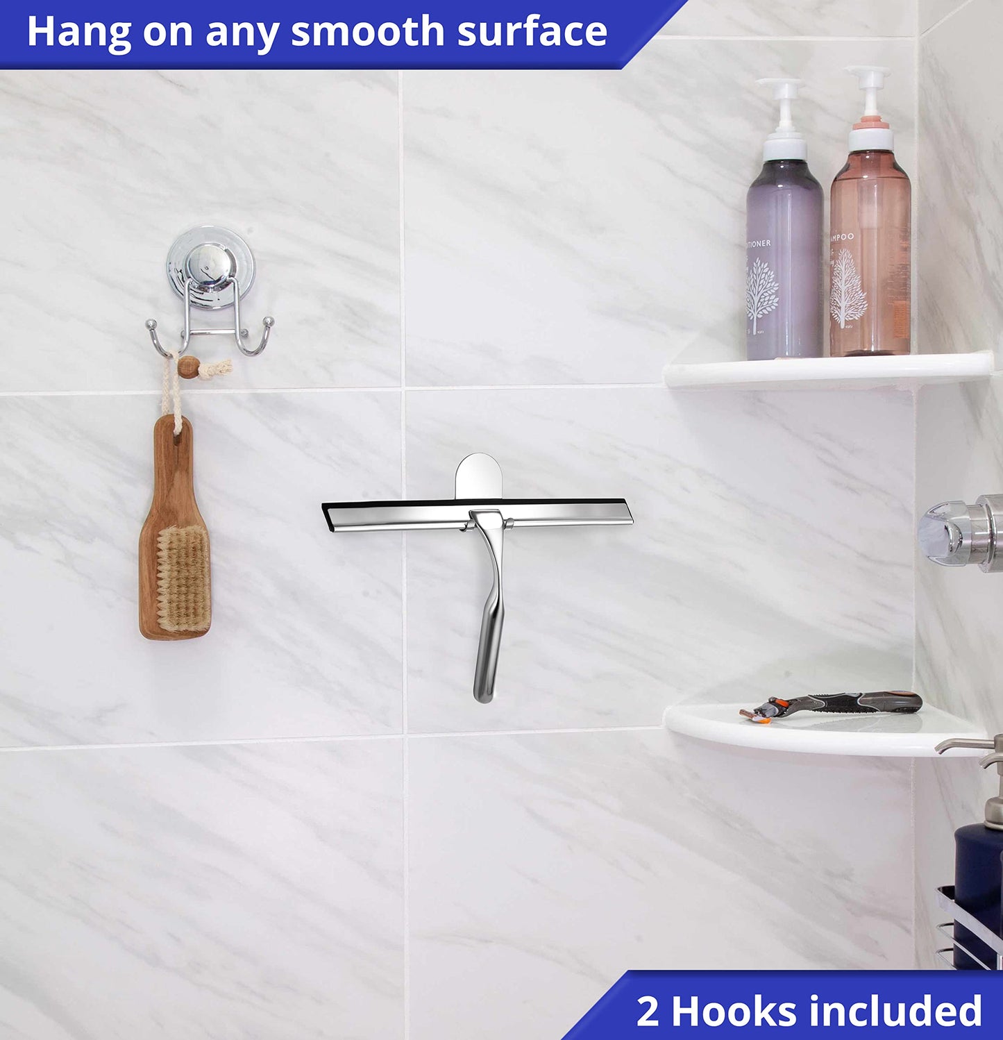 HOME SO Shower Squeegee for Glass Doors - Stainless Steel Squeegee with Adhesive Hooks - Window, Floor & Car Squeegee, Multi-Purpose Bathroom, Mirror