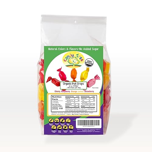 Candy Tree Organic Fruit Drops - No Added Sugar, Vegan, Gluten-Free, USDA Organic, Allergen-Free, Assorted Cherry, Lemon, Orange, Raspberry