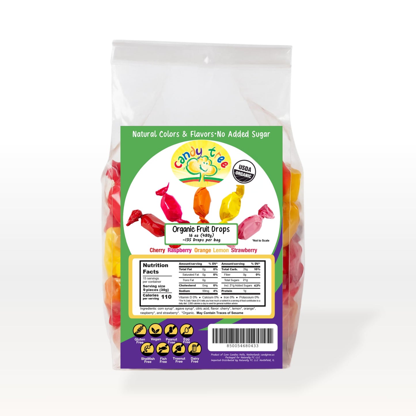 Candy Tree Organic Fruit Drops - No Added Sugar, Vegan, Gluten-Free, USDA Organic, Allergen-Free, Assorted Cherry, Lemon, Orange, Raspberry