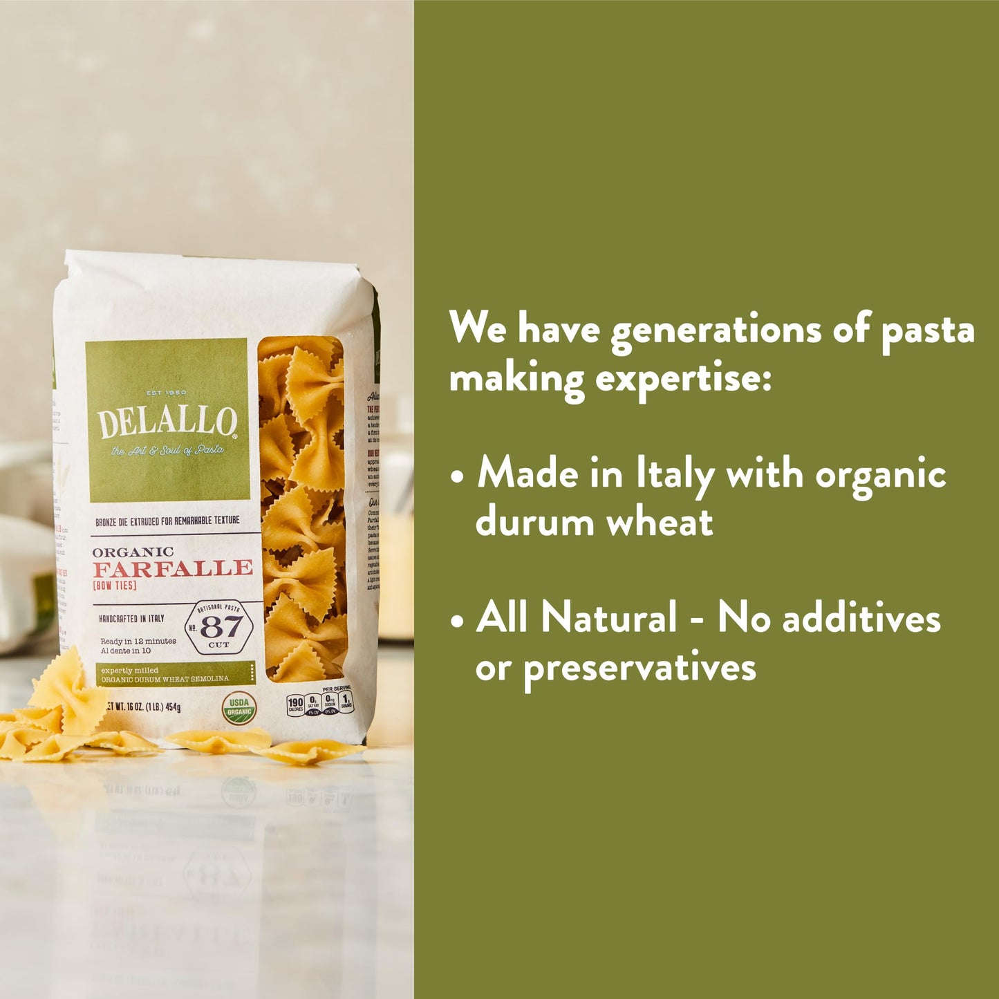 DeLallo Organic Farfalle Pasta, Made with Only 100% Semolina Durum Wheat Flour, Bronze Cut, Made in Italy, Kosher, Vegan, Non-GMO, Bow-Tie Pasta