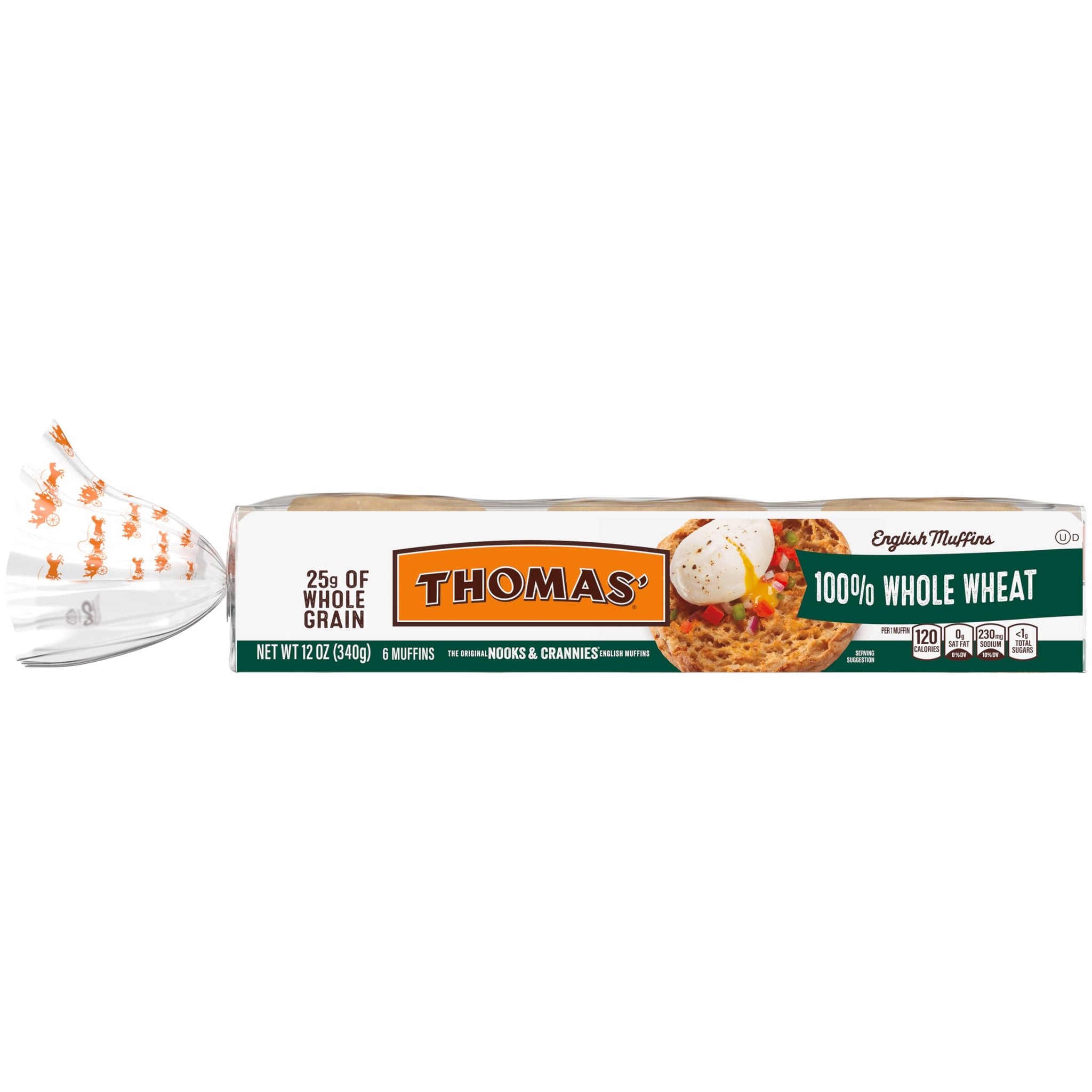 Thomas’ 100% Whole Wheat English Muffins, 6 Count, 12 Oz Package of English Muffins