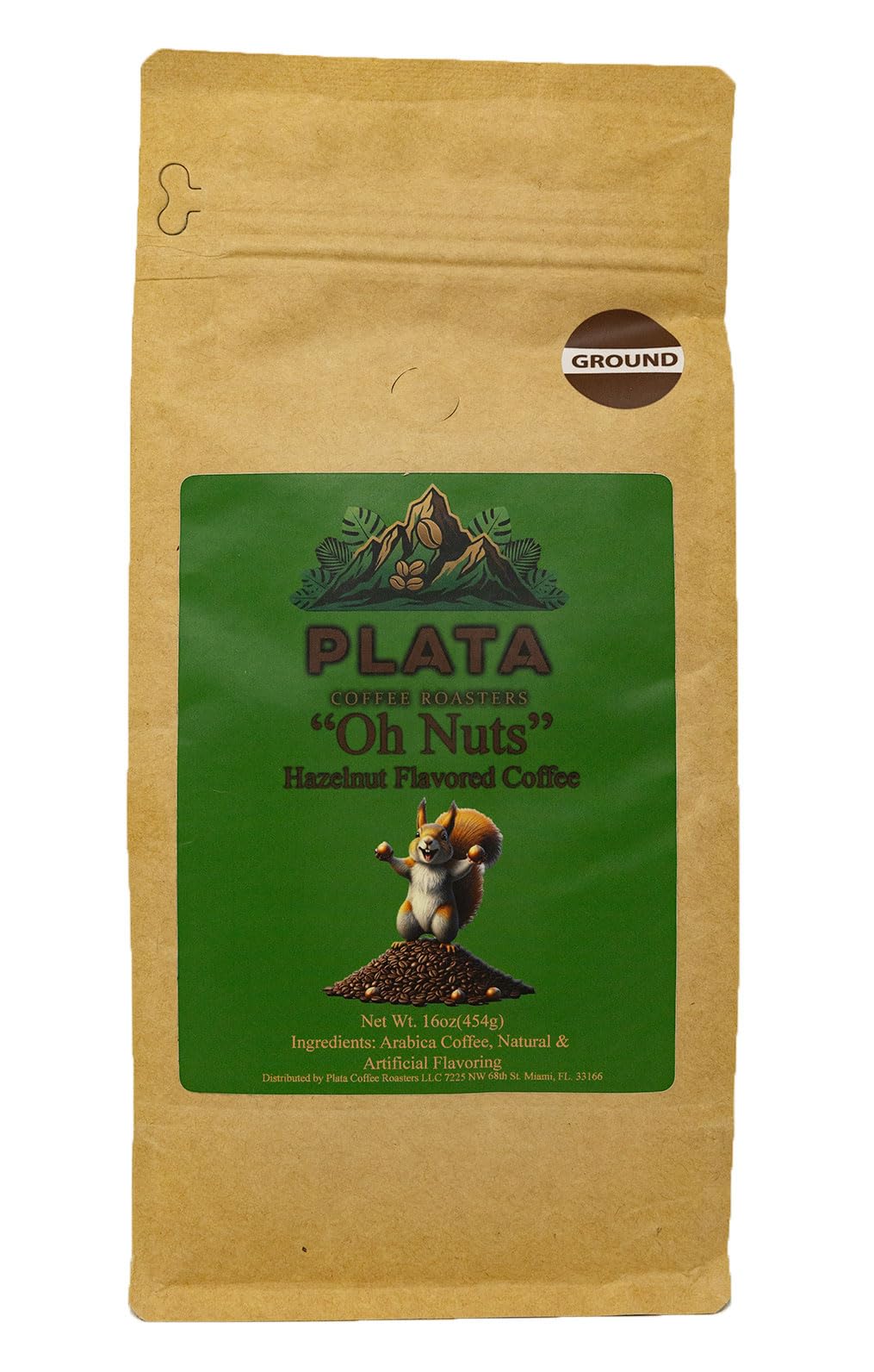 Plata Coffee Roasters "Oh Nuts" A Squirrel's Favorite Brew Ground Coffee 1LB Bag