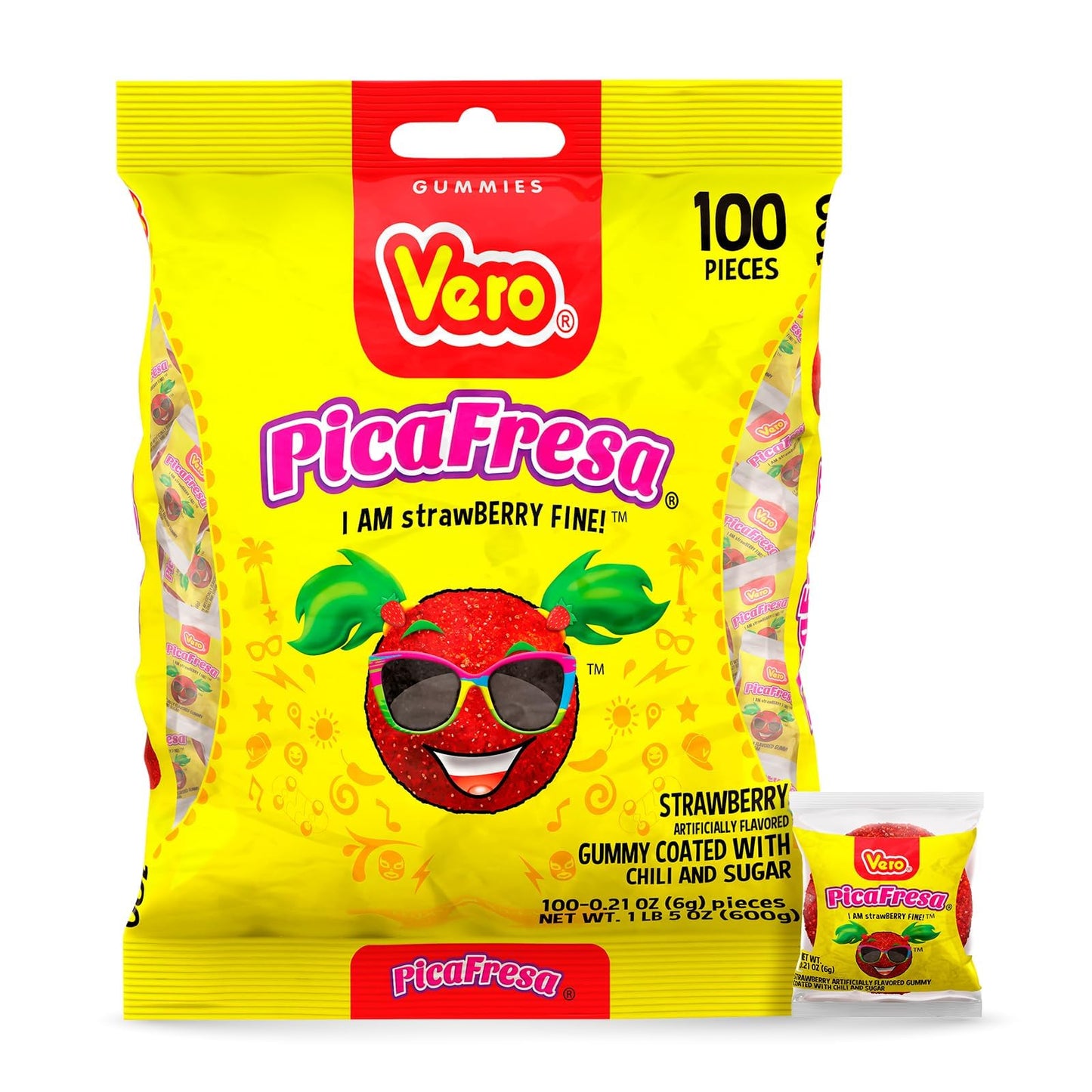 Vero PicaFresa - Strawberry Flavored Chewy Gummy Candy Treats - 100 Piece - (1 LB, 5.15 Ounces Each) - Individually Wrapped Mexican Candy Perfect