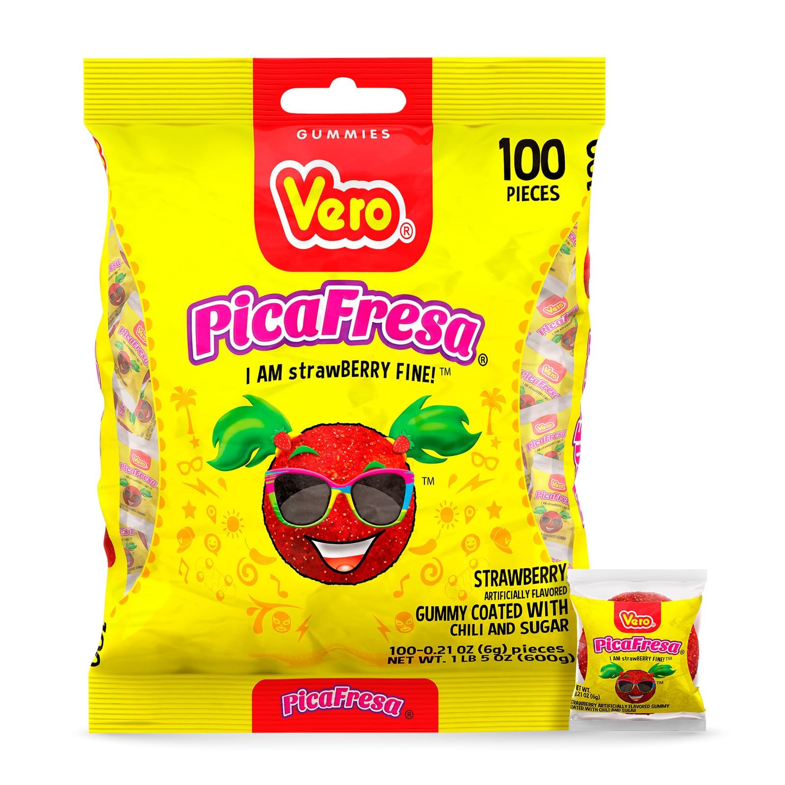 Vero PicaFresa - Strawberry Flavored Chewy Gummy Candy Treats - 100 Piece - (1 LB, 5.15 Ounces Each) - Individually Wrapped Mexican Candy Perfect