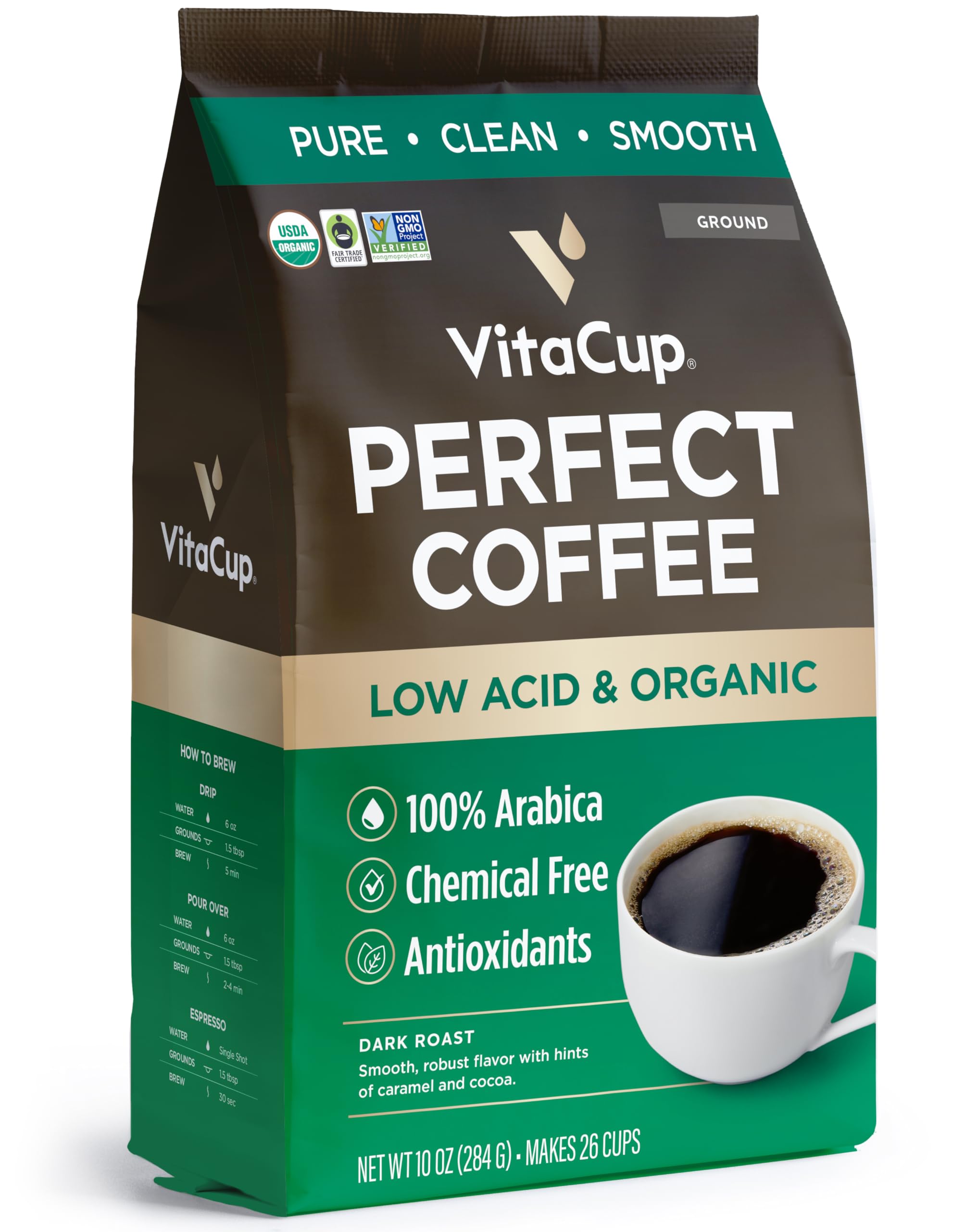 VitaCup Perfect Low Acid Coffee Ground, USDA Organic & Fair Trade, Mycotoxin Free, Dark Roast Guatemala Single Origin, Clean & Pure for Drip Coffee
