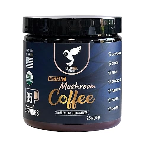 Bleu Owl Instant Organic Mushroom Coffee - 7 Superfood Mushrooms for Gut Health Energy & Clarity - Arabica 35 servings, 2.5oz. - Lion’s Mane Chaga