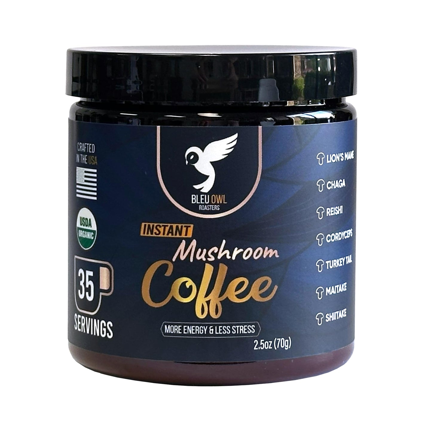 Bleu Owl Instant Organic Mushroom Coffee - 7 Superfood Mushrooms for Gut Health Energy & Clarity - Arabica 35 servings, 2.5oz. - Lion’s Mane Chaga