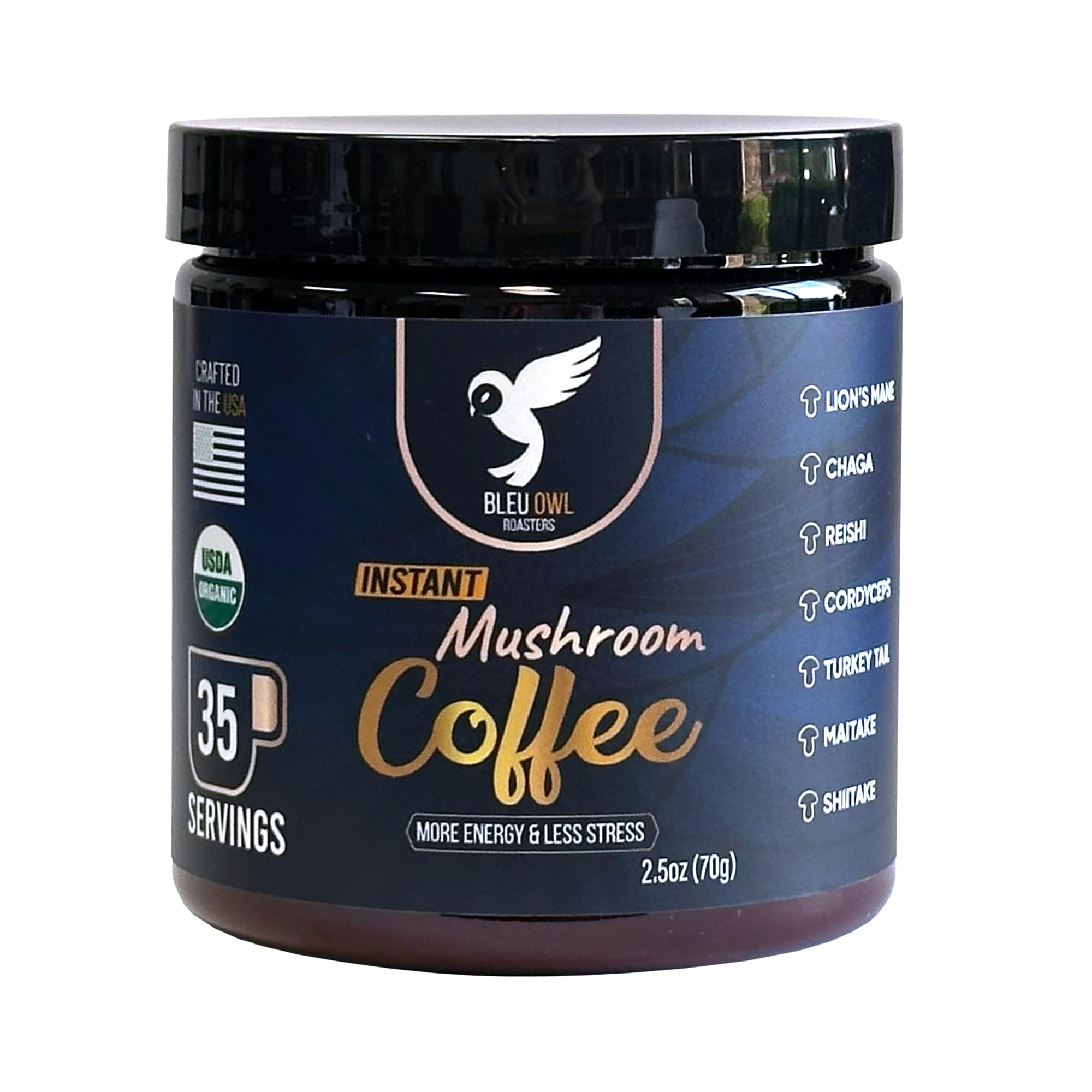 Bleu Owl Instant Organic Mushroom Coffee - 7 Superfood Mushrooms for Gut Health Energy & Clarity - Arabica 35 servings, 2.5oz. - Lion’s Mane Chaga