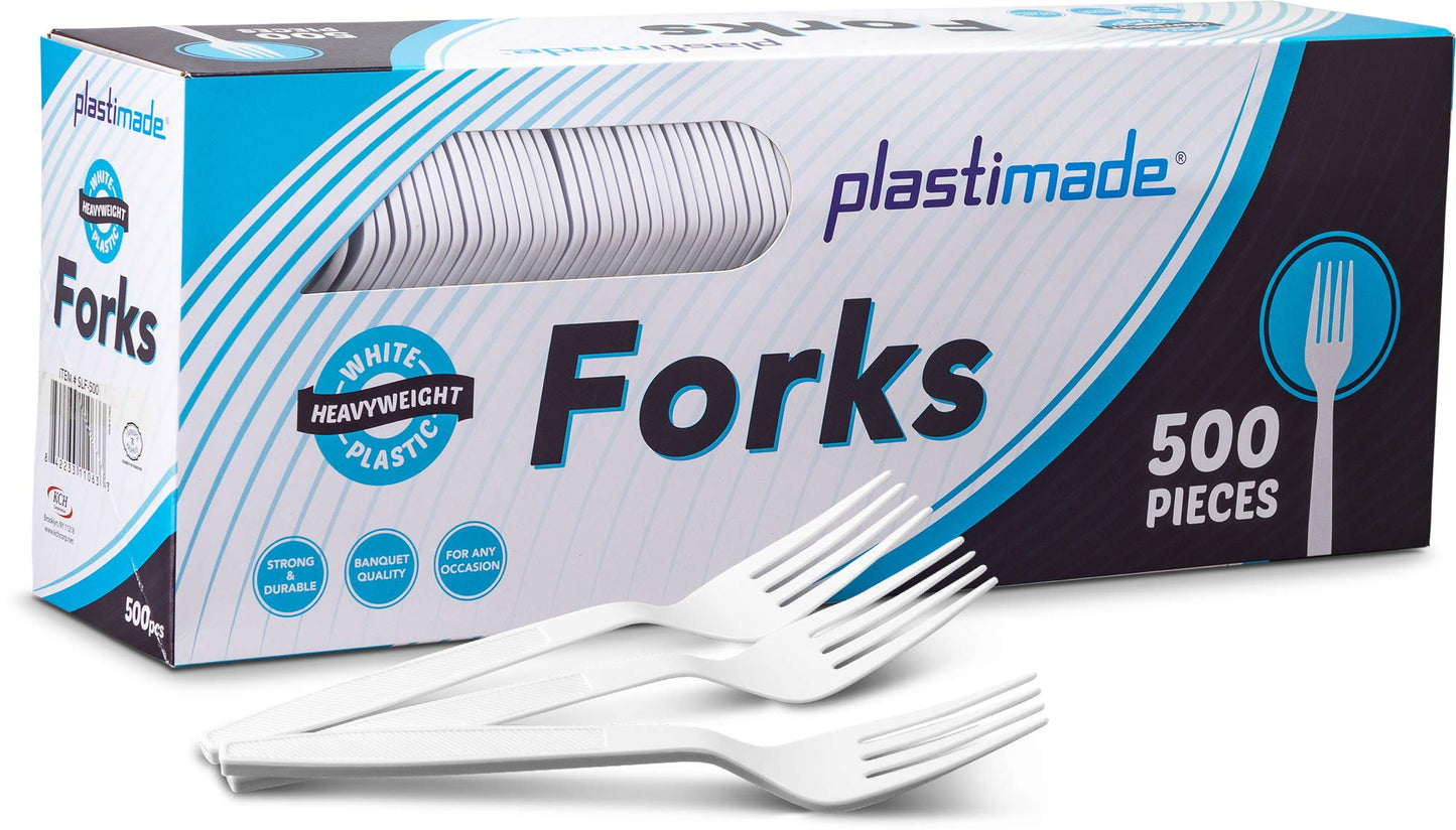 Plastimade White Plastic Forks, 500 Count - Extra Heavyweight Disposable Forks, BPA-Free Bulk Plastic Cutlery for Parties, Weddings, Catering