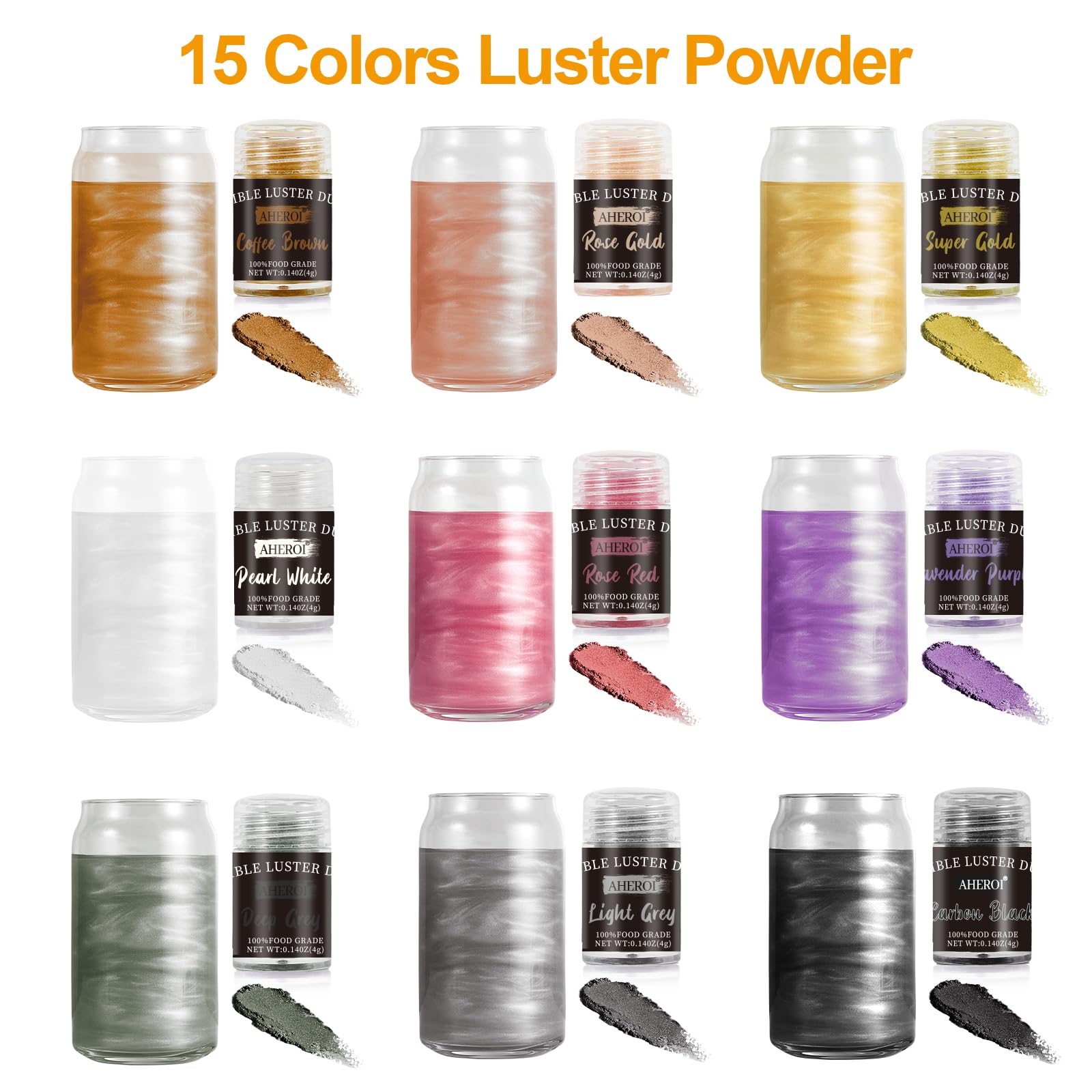 Aheroi Edible glitter Set of 15, Food Grade Edible Powder ocktail Glitter Shimmering Glitter for Drinks, Luster Dust Sprinkles Powder for Fondant Cake