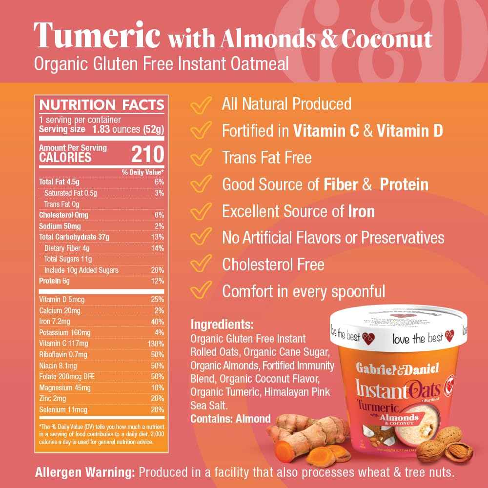 Gabriel & Daniel Instant Oatmeal with Turmeric, Almonds & Coconut - Non-GMO, Pure and Organic Gluten Free Oats - High Fiber & Protein for a Nourishing