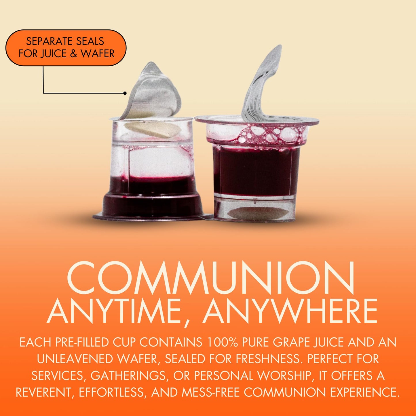The Miracle Meal Pre Packaged Gluten Free Communion PLUS Cups | Box of 100 with Juice and Gluten Free Wafer