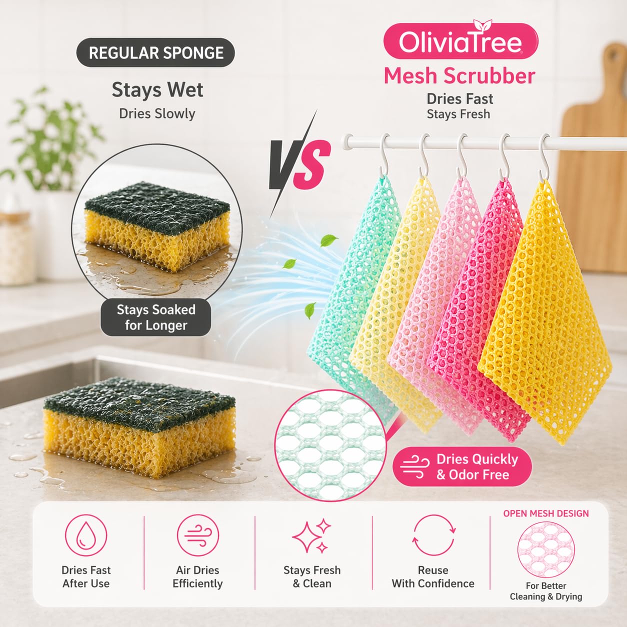 OliviaTree Dish Scrubber 5 Pack, Non Scratch Reusable Mesh Scrub Cloth for Washing Dishes Pots Pans Sink, Quick Dry Odor Resistant Sponge Alternative