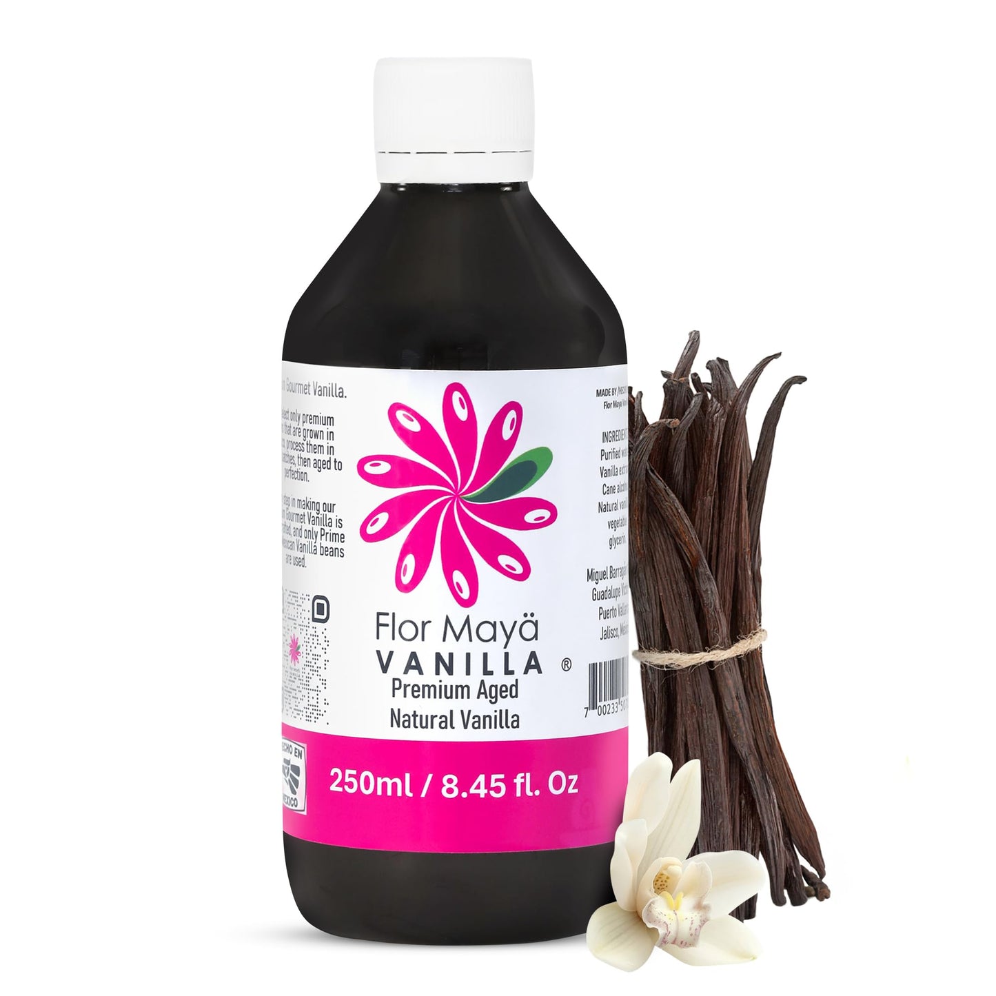 Flor Maya Vanilla Extract - Premium Aged Blend Made with Mexican Vanilla Beans | Gourmet Vanilla Bean Extract for Baking, Cooking & Desserts | Gluten