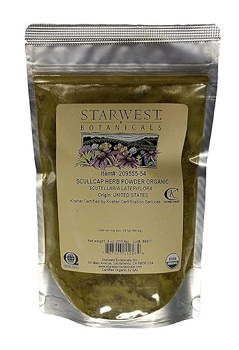 Starwest Botanicals Organic Skullcap Herb Powder - Dried Skullcap for Tea, Smoothies, Dressings, Herbal Blends, & More, Scutellaria Lateriflora, Non