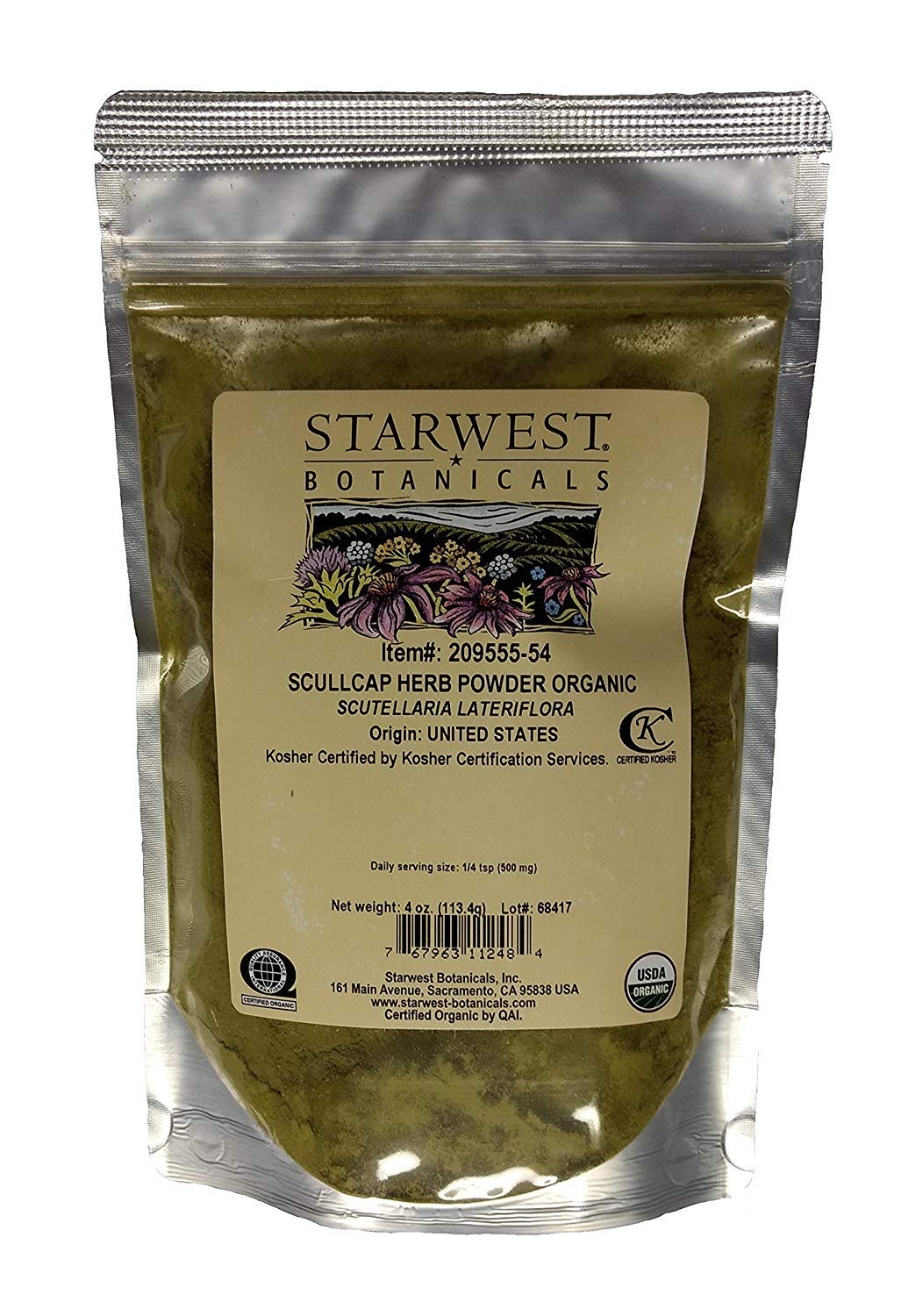 Starwest Botanicals Organic Skullcap Herb Powder - Dried Skullcap for Tea, Smoothies, Dressings, Herbal Blends, & More, Scutellaria Lateriflora, Non
