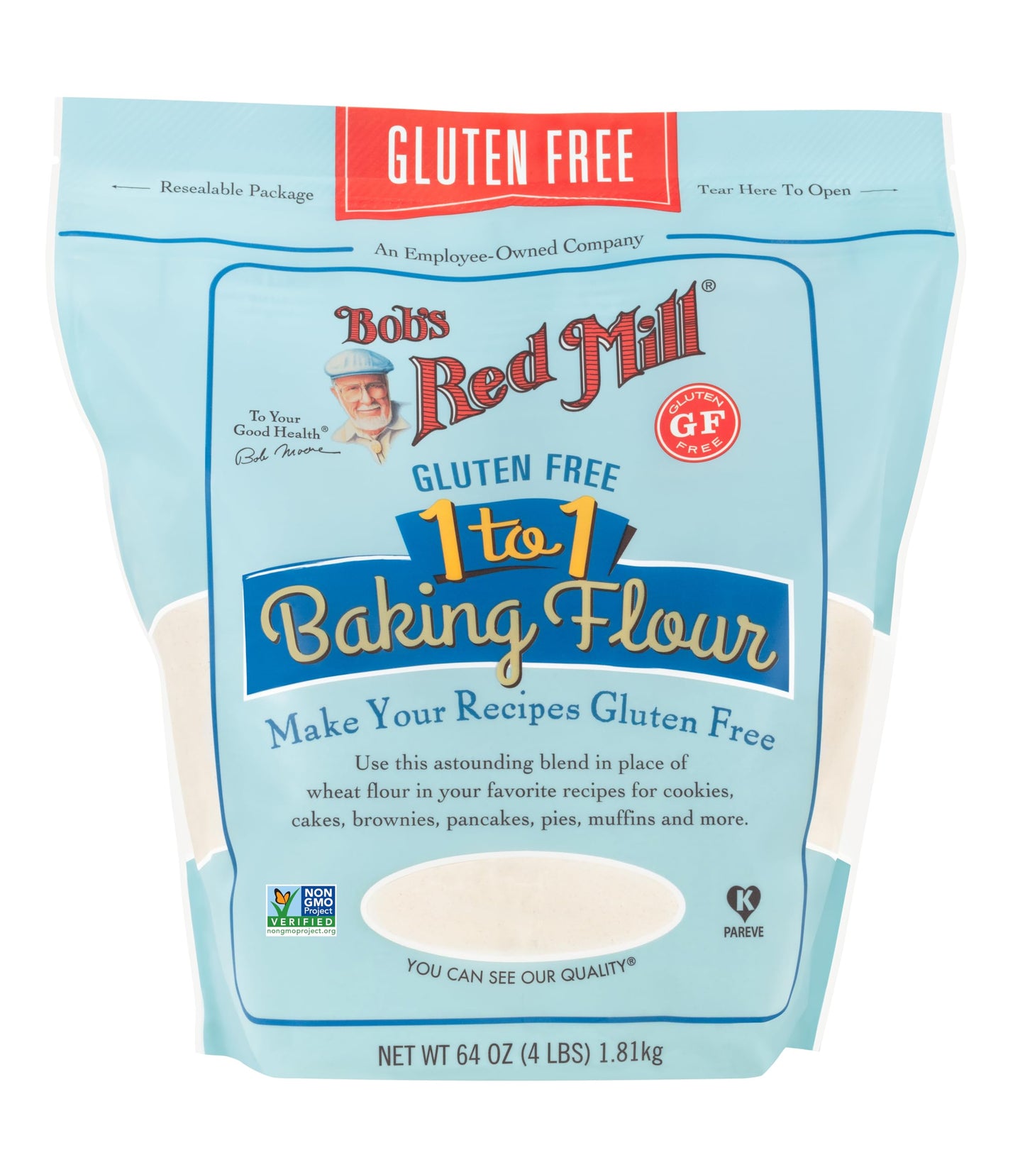 Bob's Red Mill Gluten Free 1 to 1 Baking Flour, 64oz (Pack of 1) - Non GMO, Vegan, Kosher
