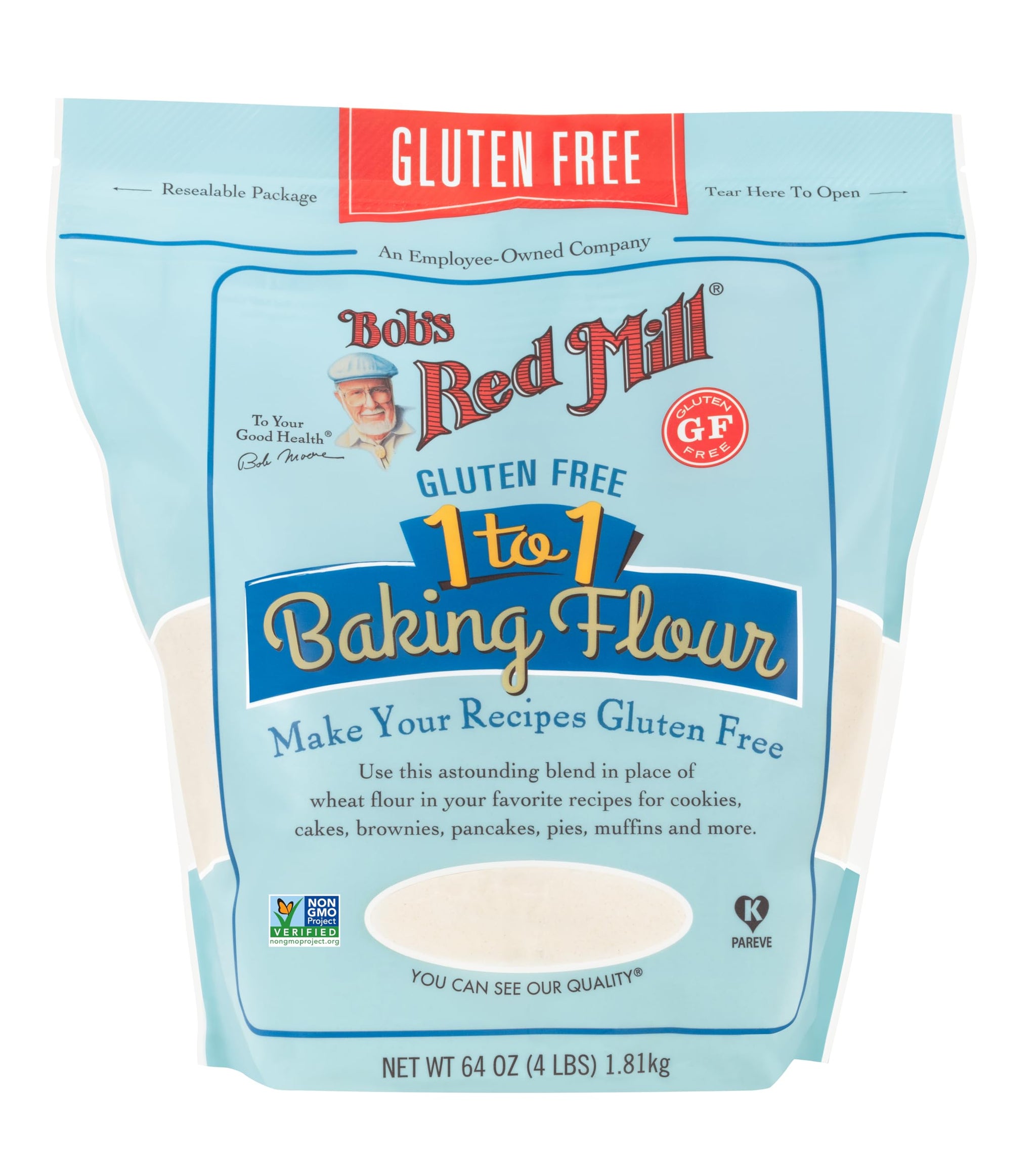 Bob's Red Mill Gluten Free 1 to 1 Baking Flour, 64oz (Pack of 1) - Non GMO, Vegan, Kosher