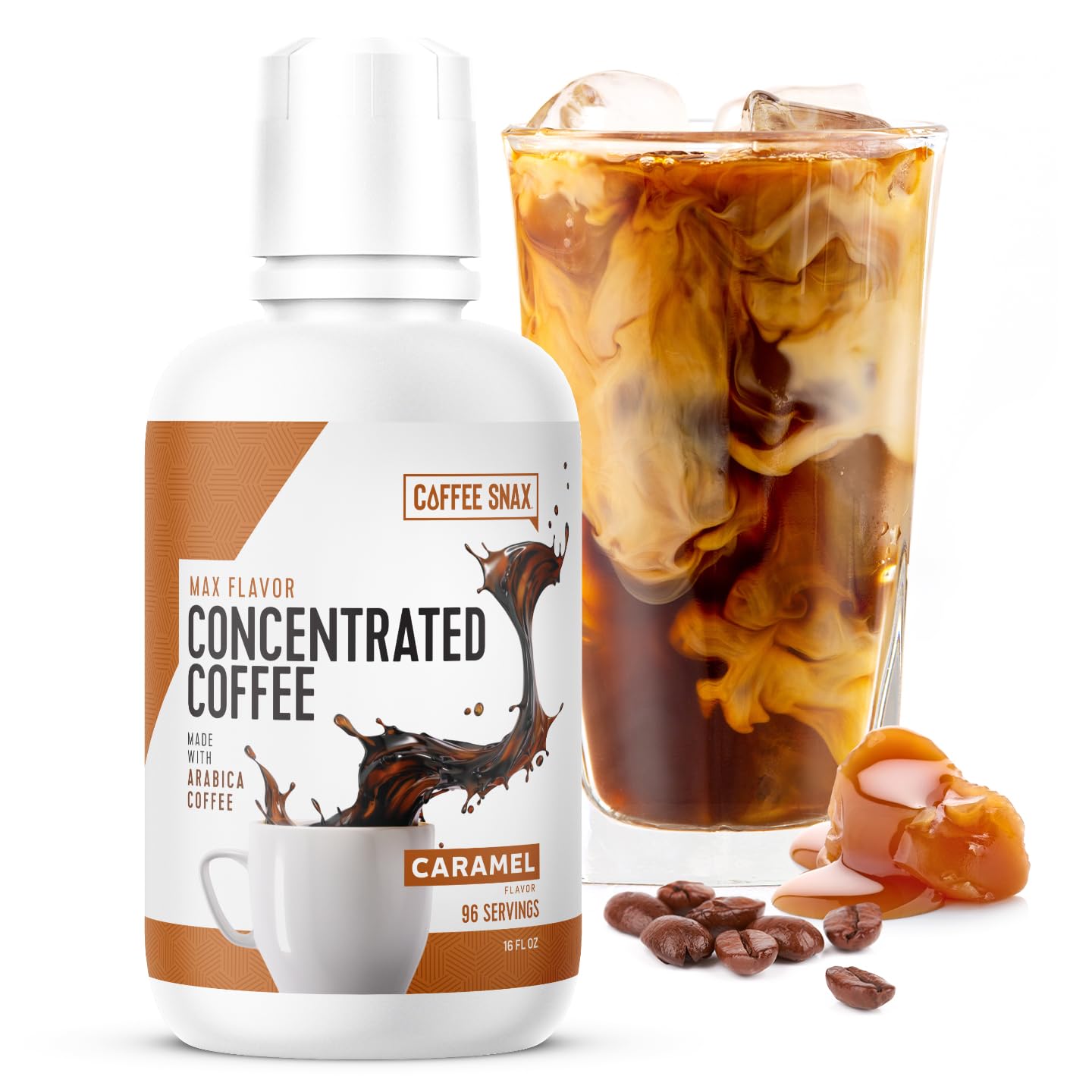 Coffee Snax Cold Brew Coffee Concentrate, Caramel Coffee Concentrate with No Added Sugar (Bulk 96 Servings Bottle, Caramel)