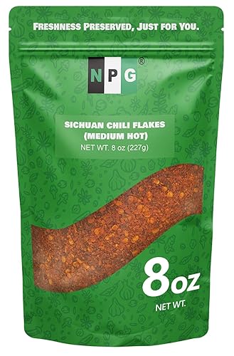 NPG Authentic Sichuan Chili Flakes 8 Ounces, Medium Hot, Szechuan Crushed Red Pepper Flakes Bulk, Essential Spice Seasoning for Making Kimchi, Chili