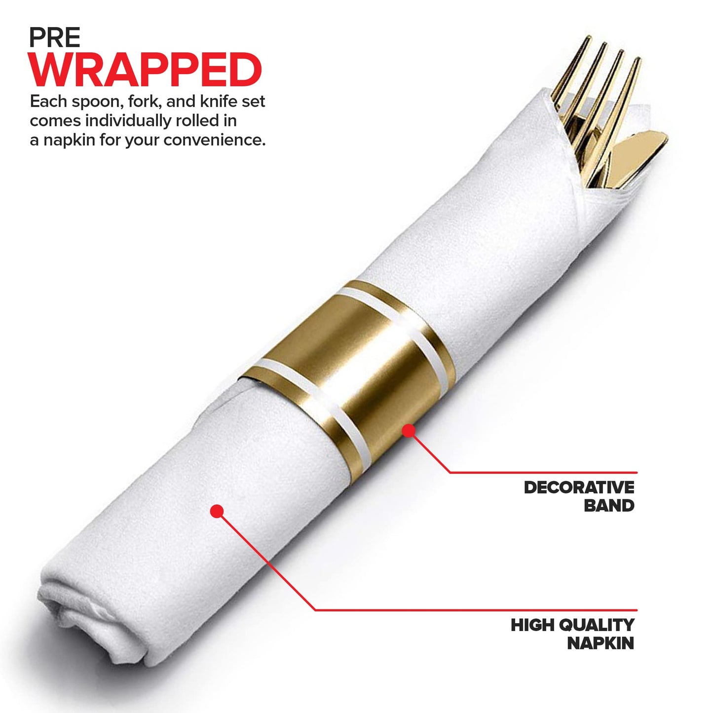Pre Rolled Plastic Silverware Sets for Parties (25 Pack) Gold Cutlery Set, Disposable Spoons, Forks, Knives, Napkins Prewrapped, Heavy Duty Utensils