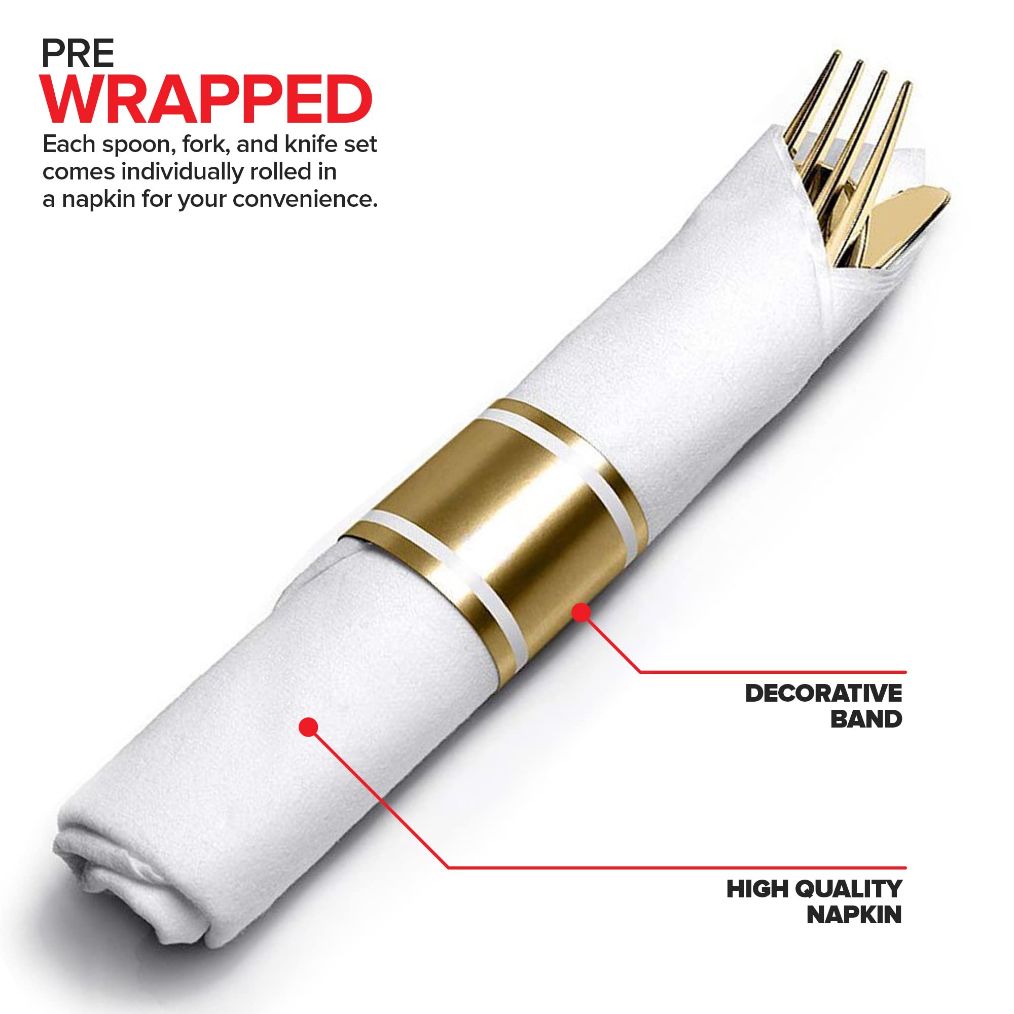 Pre Rolled Plastic Silverware Sets for Parties (25 Pack) Gold Cutlery Set, Disposable Spoons, Forks, Knives, Napkins Prewrapped, Heavy Duty Utensils