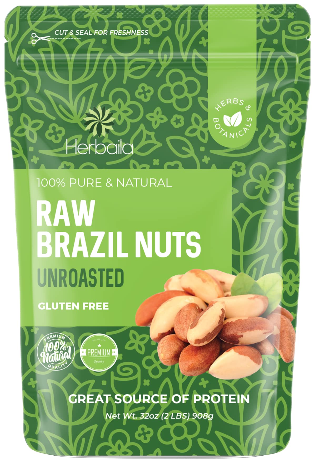 Herbaila Brazil Nuts Raw, 2lb. Brazilian Nuts, Raw Brazil Nuts Unsalted, Shelled Brazil Nuts Whole, Fresh Brazil Nuts Brazilian, All Natural, Non-GMO