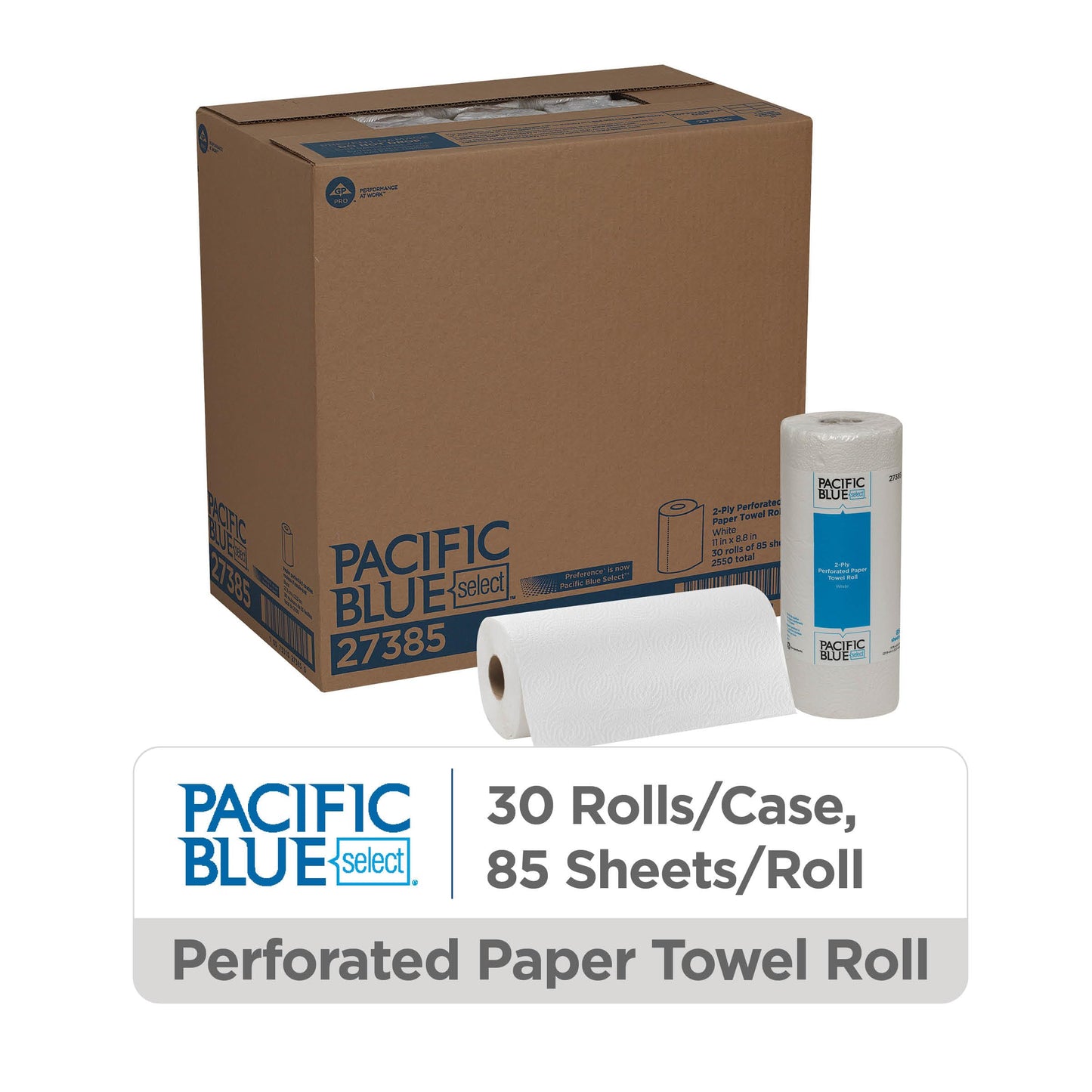 Georgia-Pacific Pacific Blue Select 2-Ply Perforated Roll Paper Towel, White, 85 Sheets Per Roll, 30 Rolls Per Case, 27385