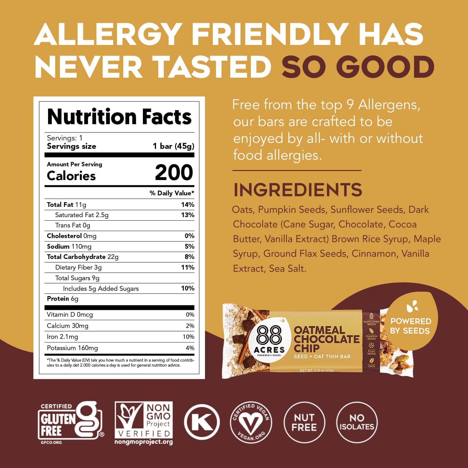 88 Acres Granola Bars, Oatmeal Chocolate Chip, 6 Count, School Safe, Allergen Free Seed & Oat Snack Bar, Gluten & Nut Free, Vegan, Non-GMO & Kosher
